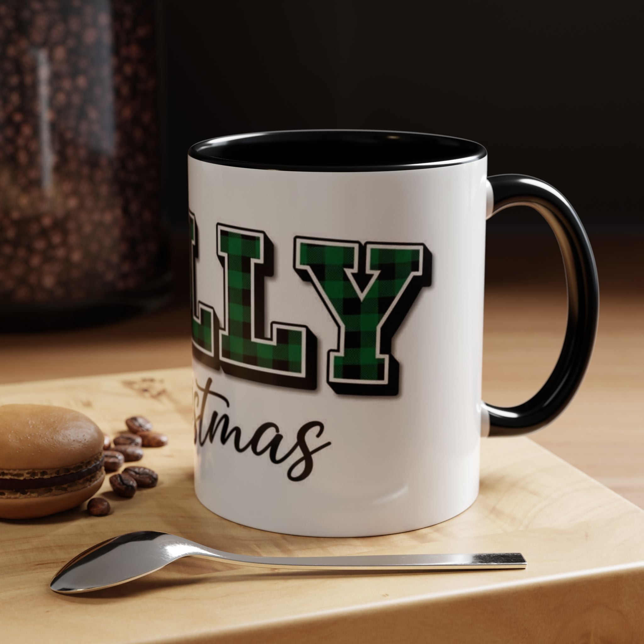 Holly Christmas Accent Coffee Mug — Green Plaid Holiday Gift (11/15oz)