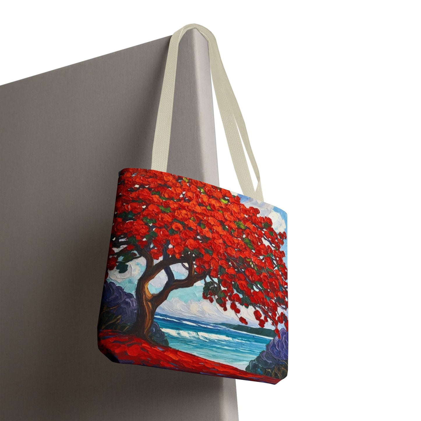 Red Blossom Beach Tote - Tropical Tree Art All-Over Print Tote Bag Crochet-Decorated Tote Bags