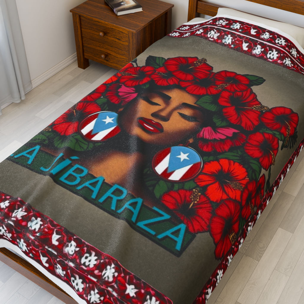 La Jíbaraza Velveteen Plush Blanket  Puerto Rican Floral Afro-Latina Portrait Throw