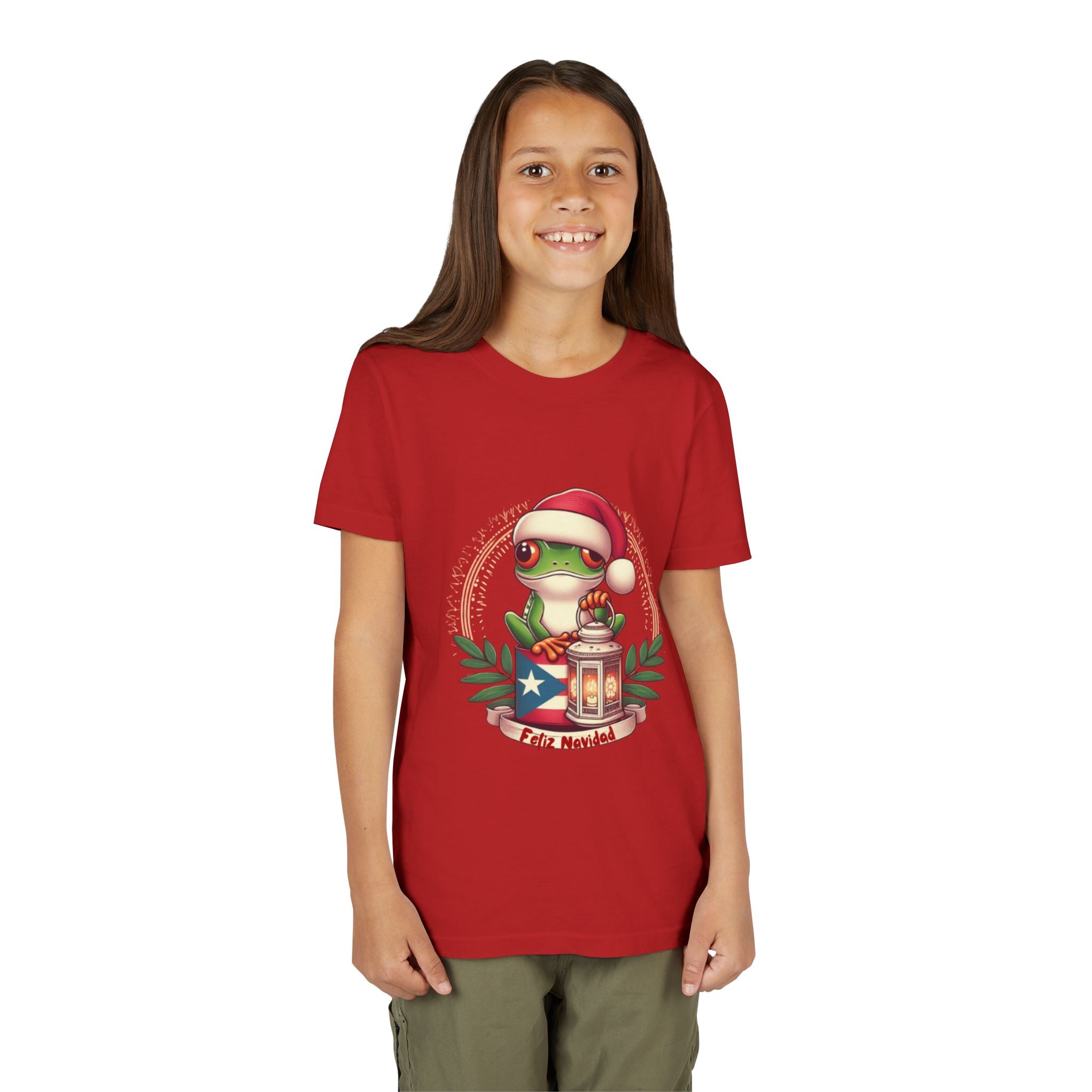 Kids Tee Cute Frog with Puerto Rican Flag & Lantern (Feliz Navidad)