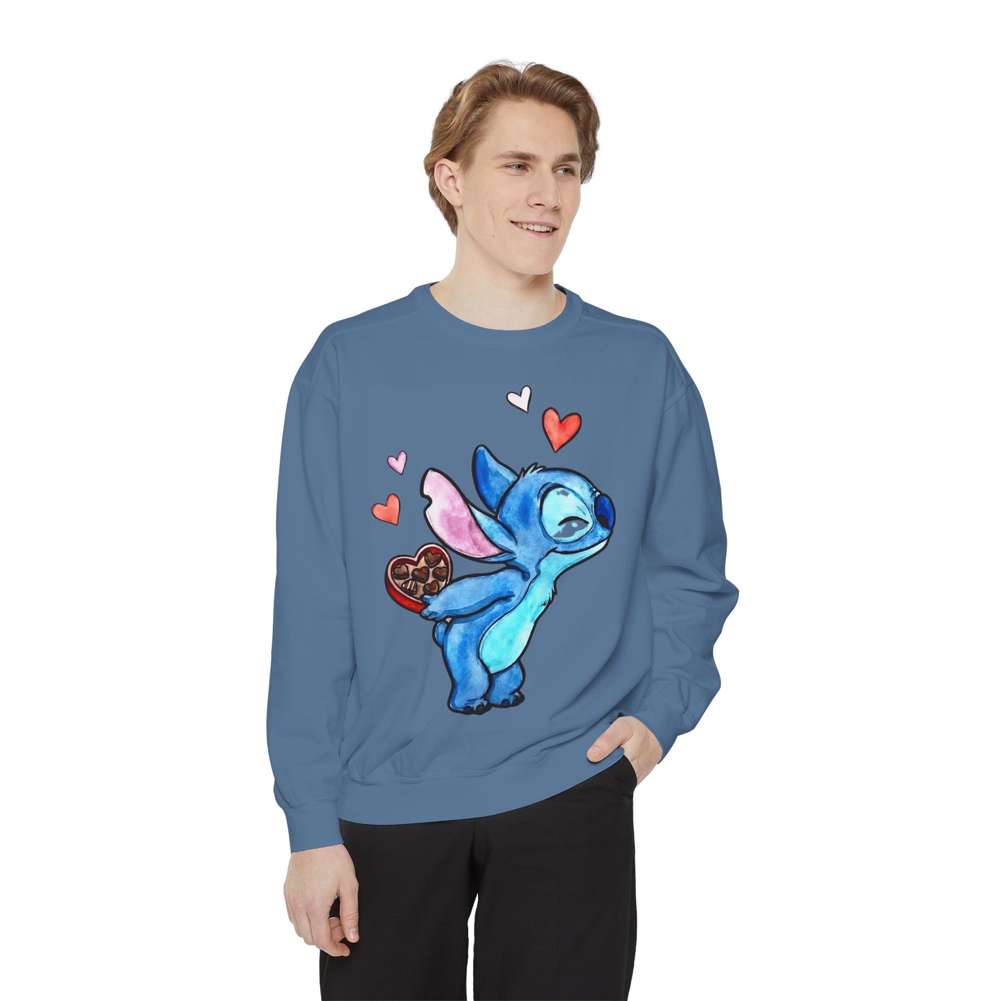 Stitch Valentine Sweatshirt — Cute Blue Alien with Hearts & Chocolate Pocket