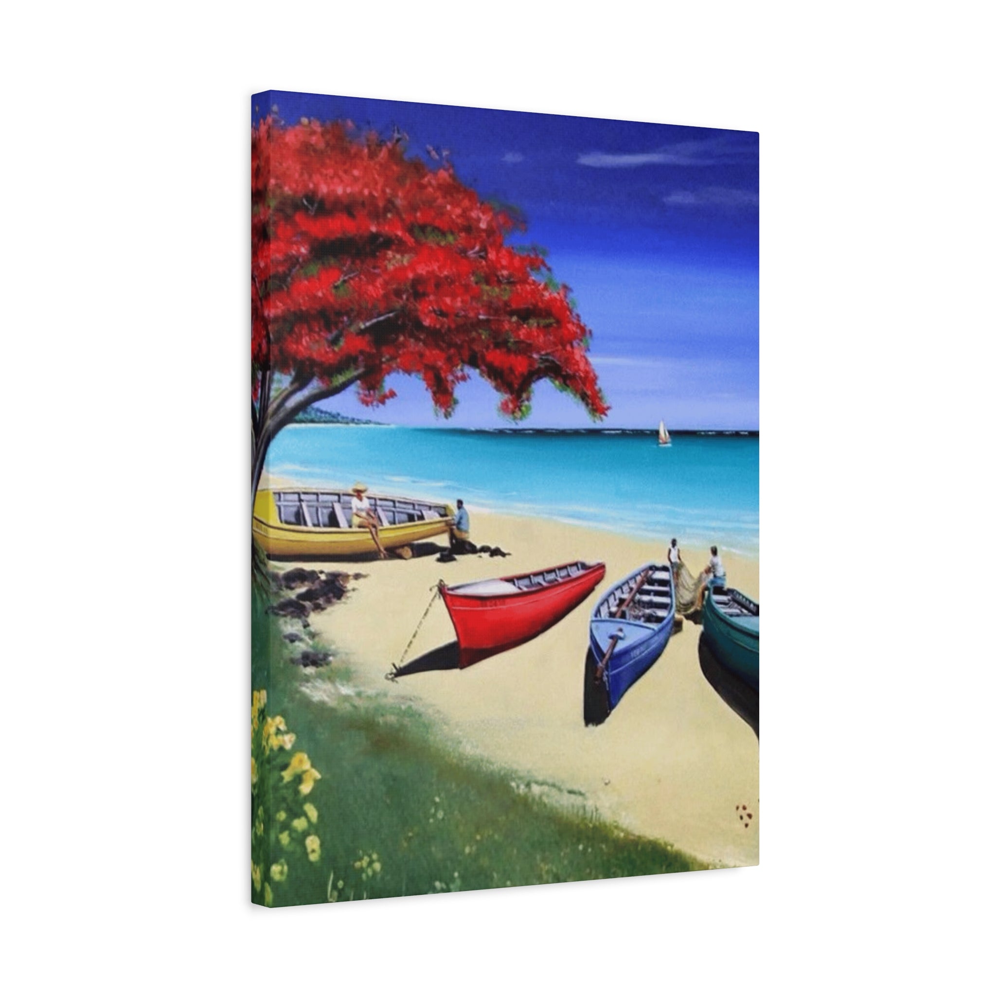 Beach Canoes Canvas Wall Art Tropical Seaside Landscape Matte Stretched Canvas