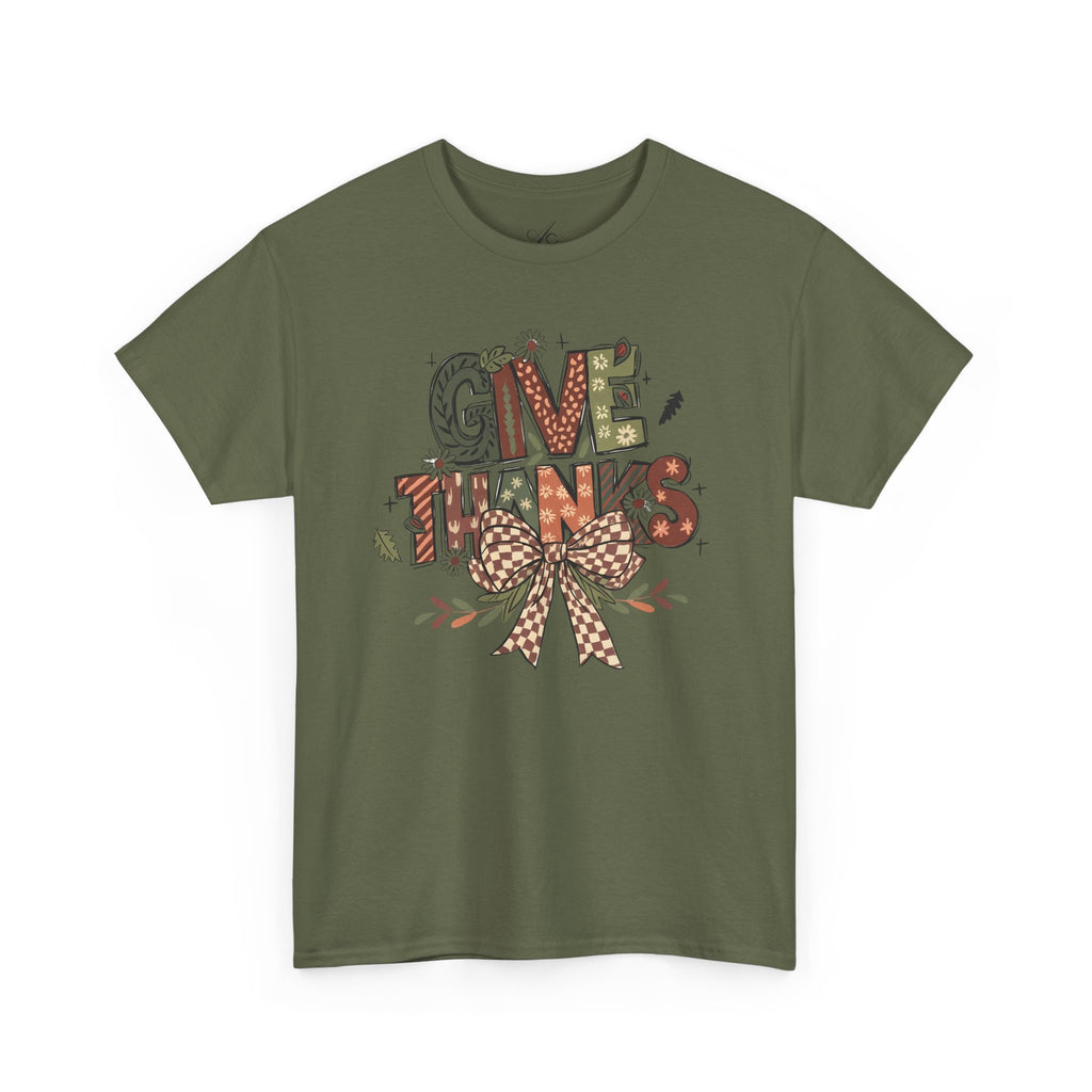 Give Thanks Tee Thanksgiving Graphic T-Shirt with Rustic Bow Design