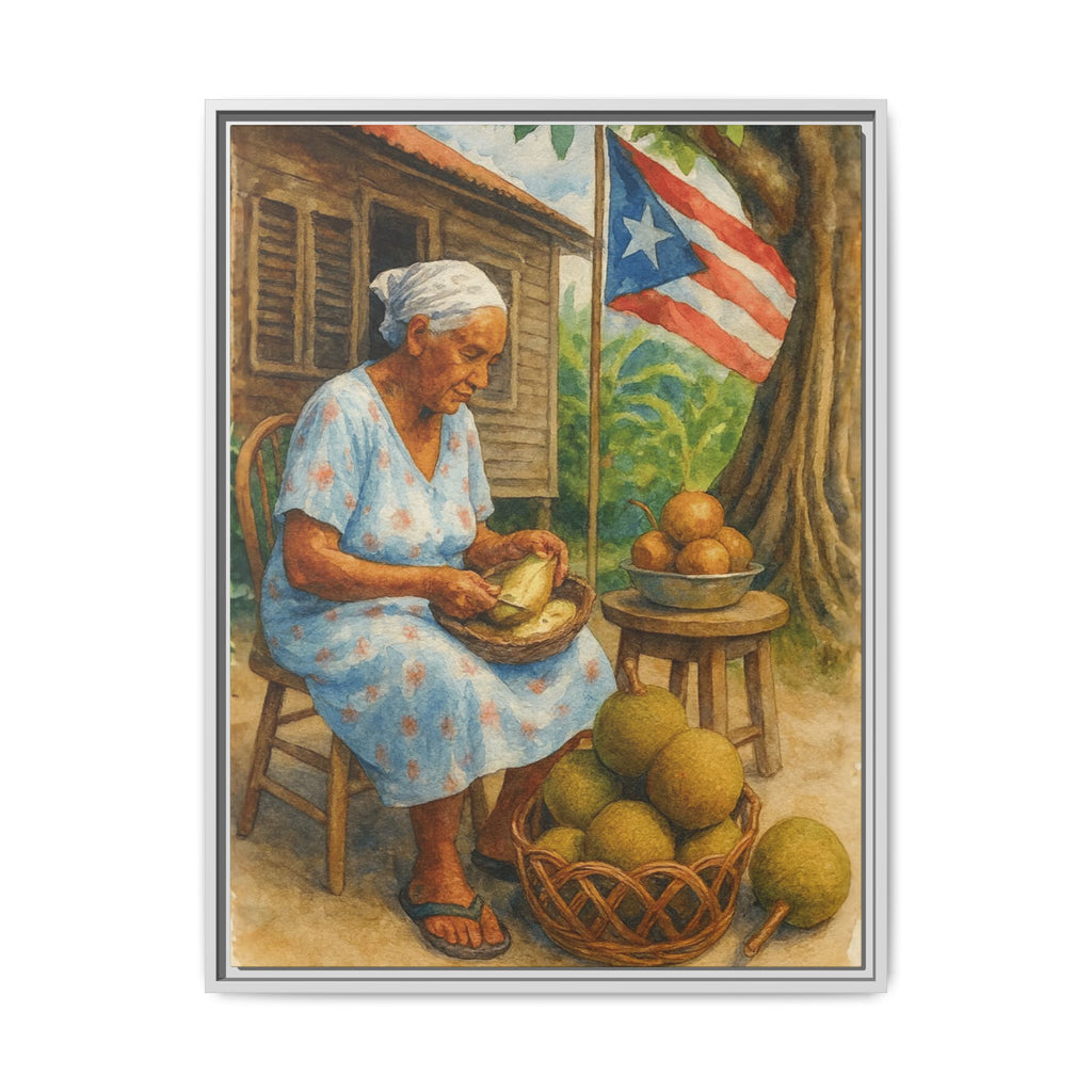 Cultural & Story-Driven These Puerto Rico inspired  Framed Matte Canvas Print  Woman Shelling Fruit Vintage Tropical Painting
