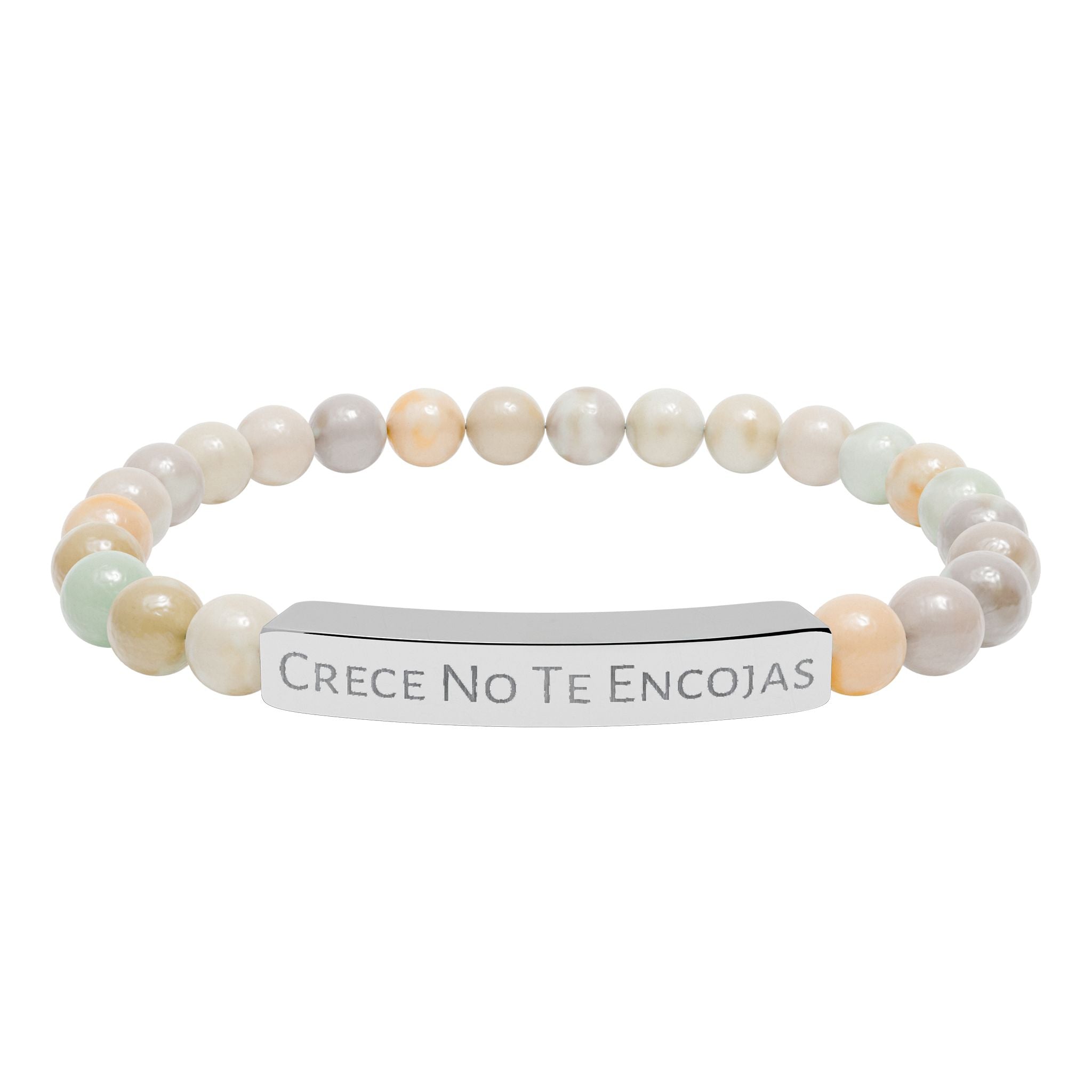 Engraved Natural Stone Stretch Bracelet — "Crece No Te Rindas" Affirmation Bar