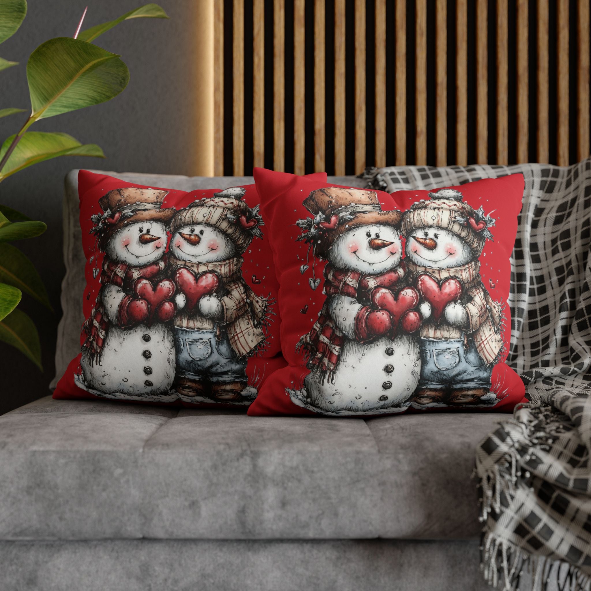 Christmas Snowman Couple Faux Suede Pillowcase CHRISTMAS PILLOW DÉCOR