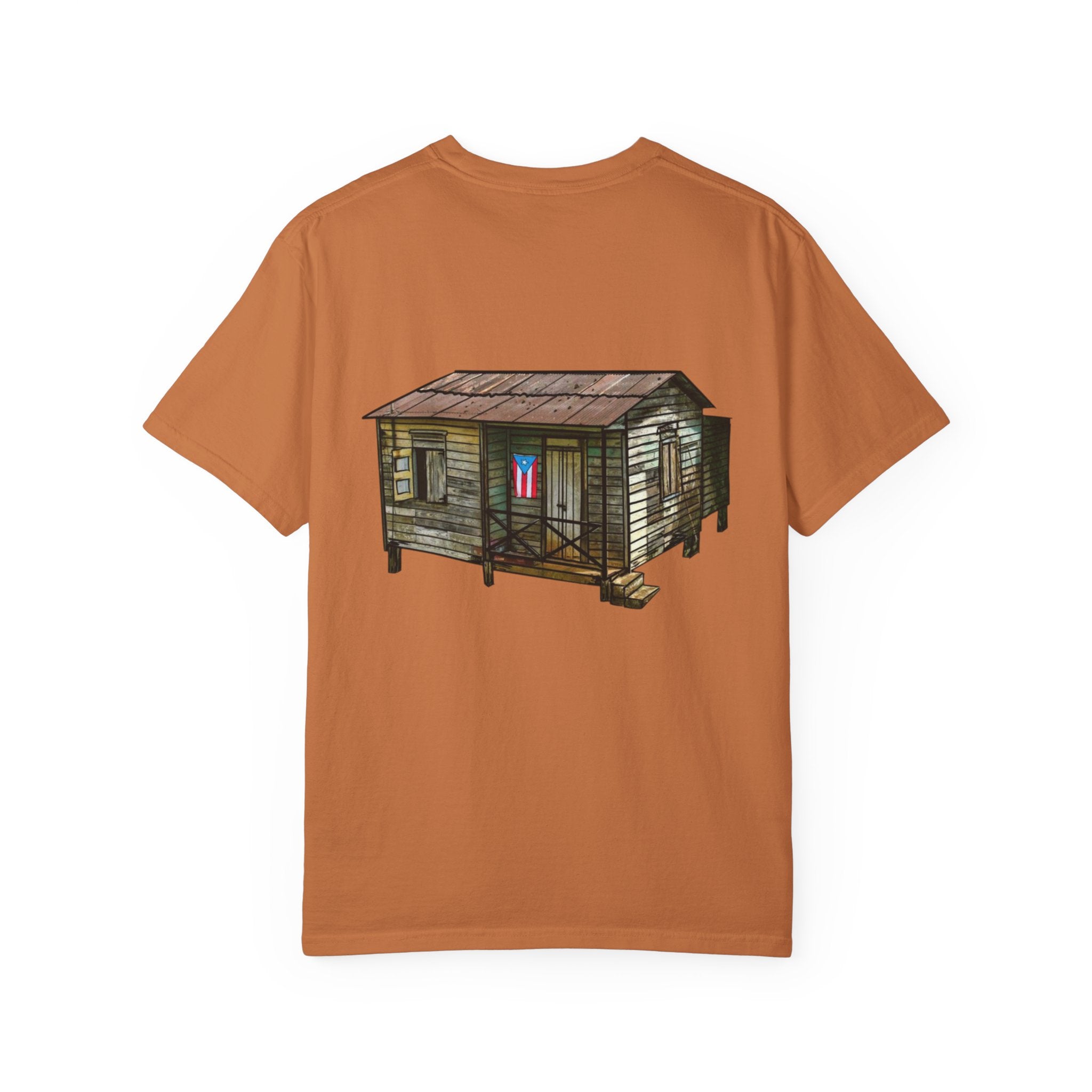 Puerto Rican Batey Cabin T-Shirt  Three Masks & Rustic House Graphic Tee Puerto Rico Navidades
