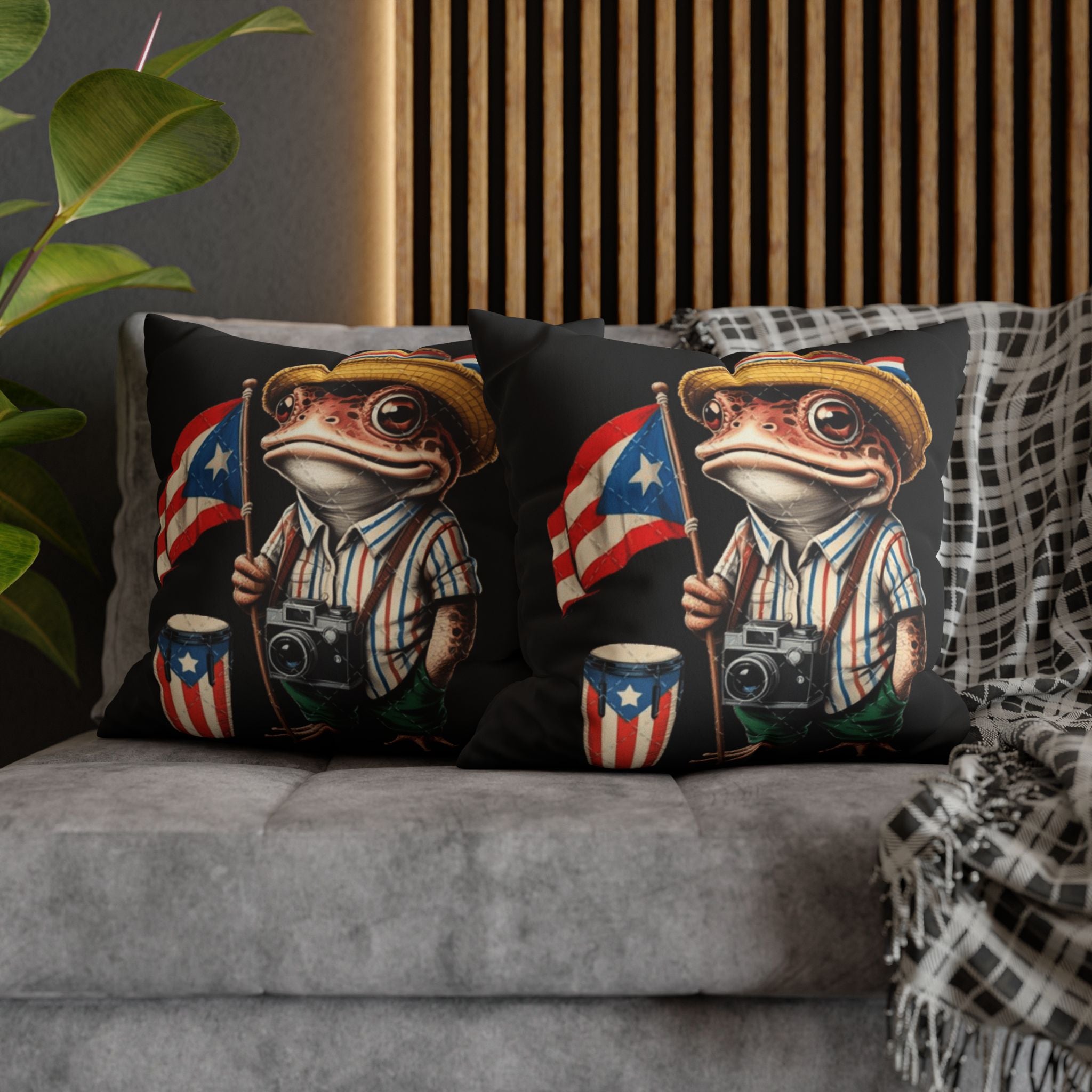 Puerto Rican Flag Frog Faux Suede Pillowcase  Tourist Toad Camera Design Puerto Rico Culture Pillow
