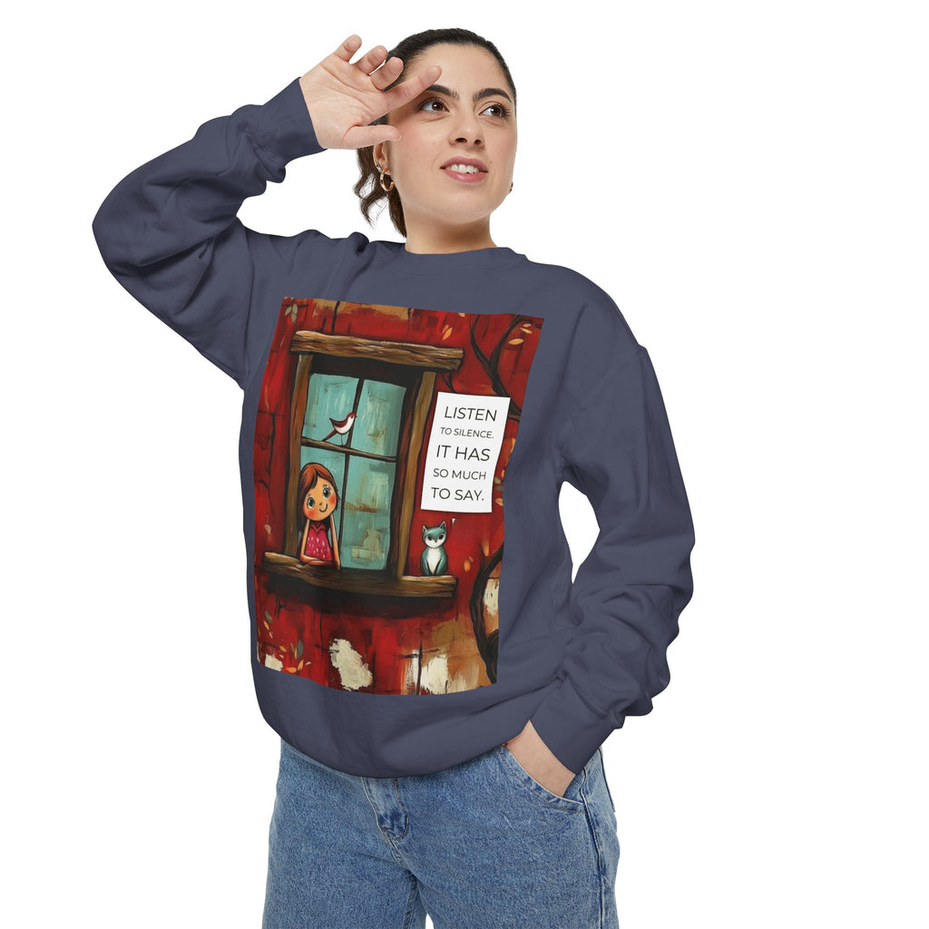 Cozy Window Scene Sweatshirt  "Listen, It Has So Much to Say" Graphic