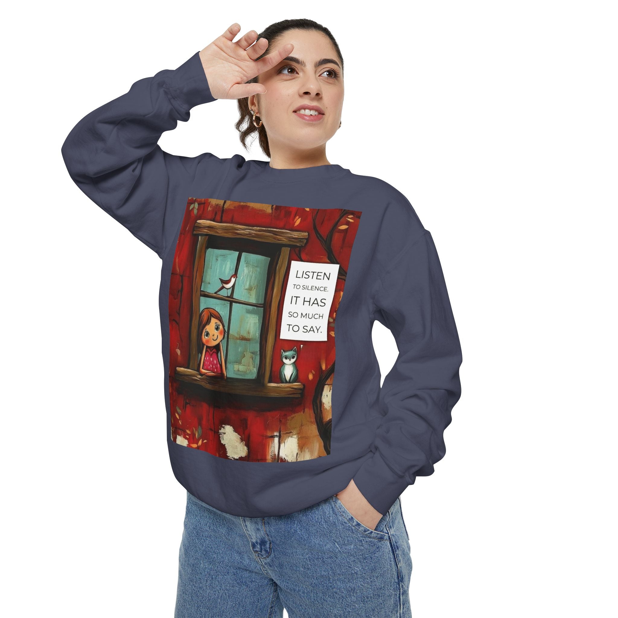 Cozy Window Scene Sweatshirt  "Listen, It Has So Much to Say" Graphic