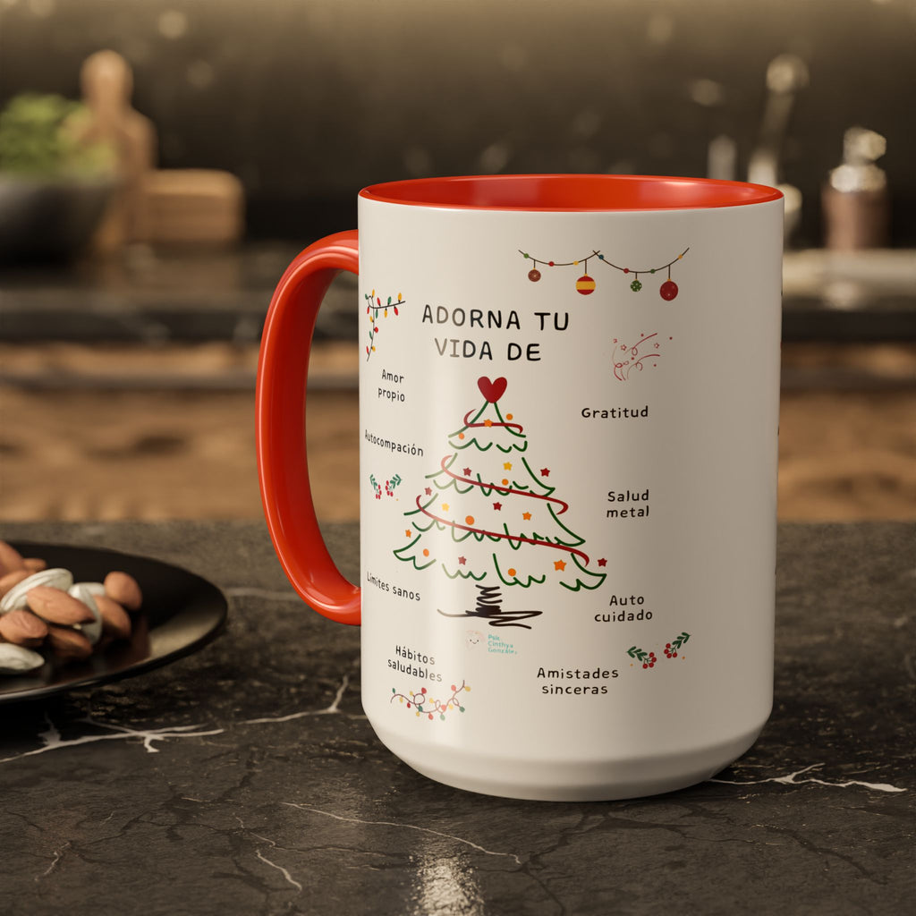 Mug — 'Adorna Tu Vida' Christmas Tree Spanish Holiday Coffee Mug (11oz/15oz)