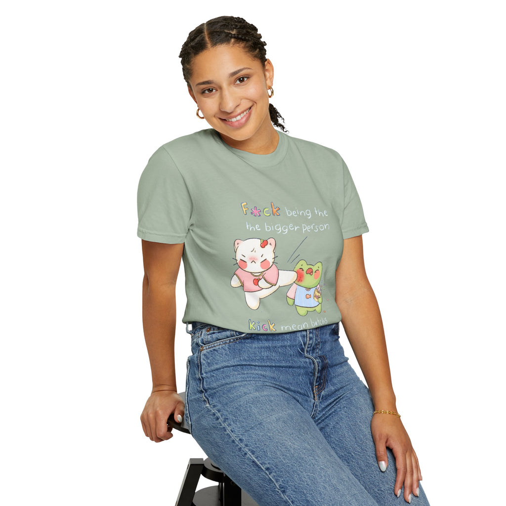 Graphic T-Shirt  Cute Kicking Cat & Frog with 'F*ck Being The Bigger Person' Slogan