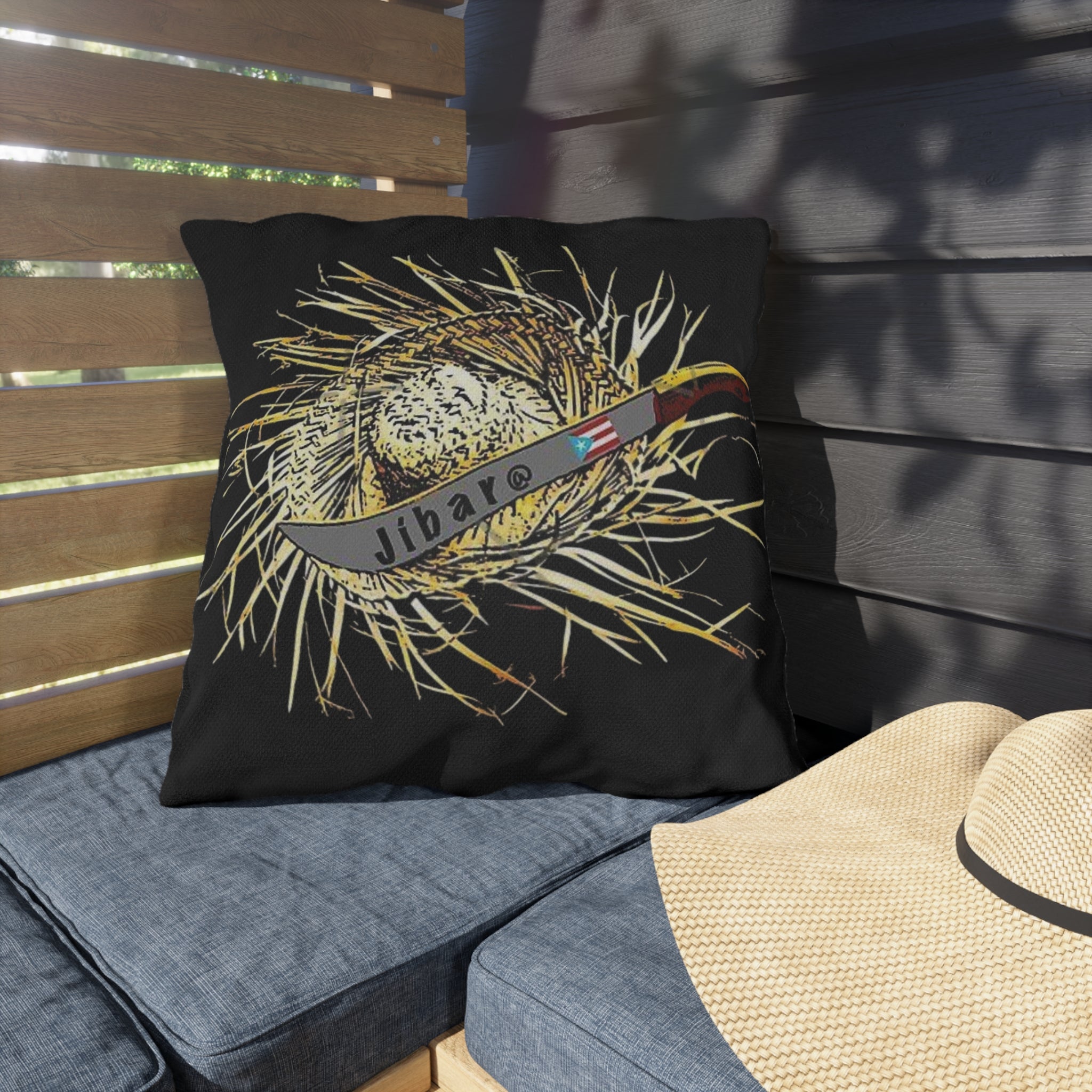 Puerto Rico Culture Pillow Outdoor Pillow – Rustic Straw Hat & Machete Design (Jibaro)