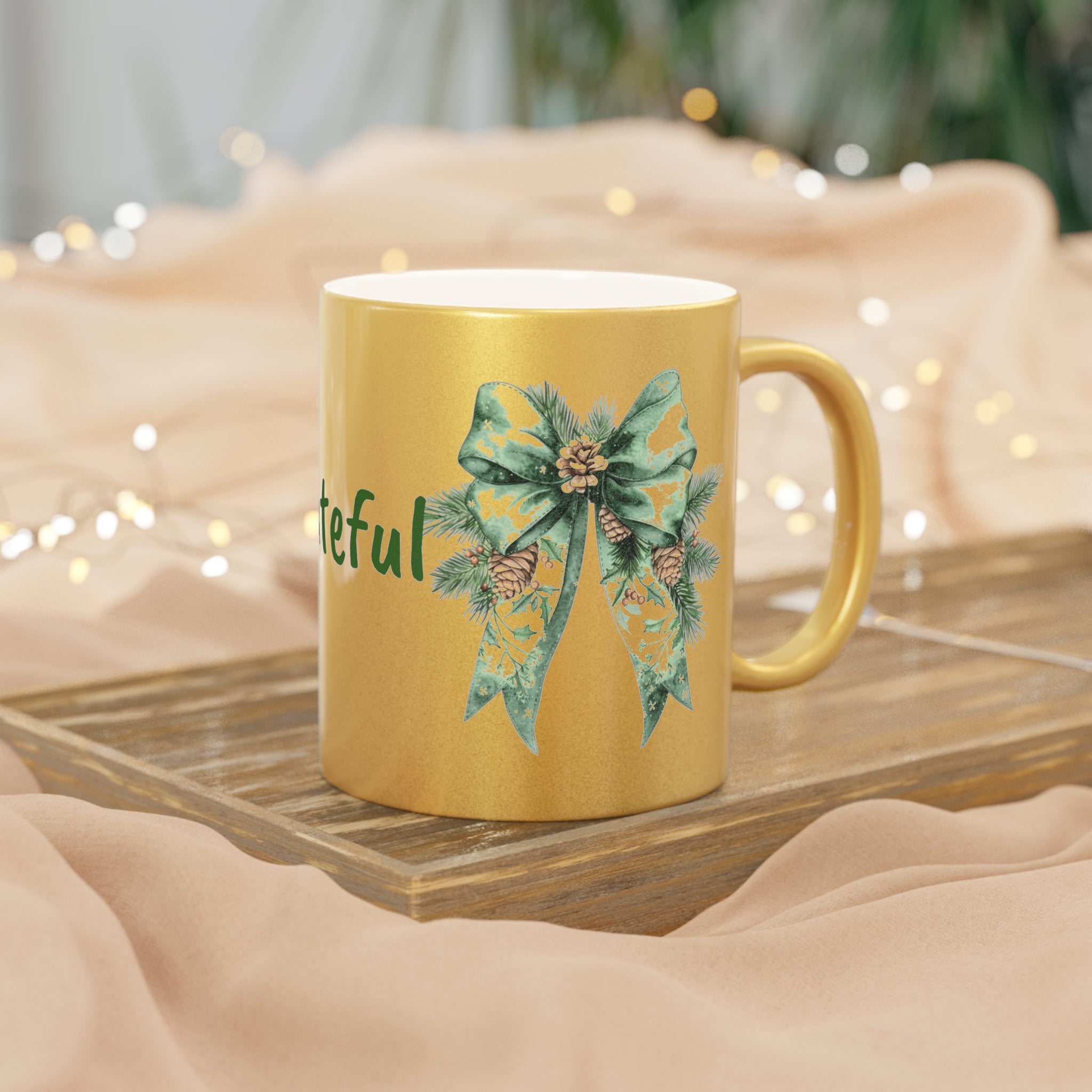 Grateful Holiday Metallic Mug - Silver/Gold with Festive Bow Design