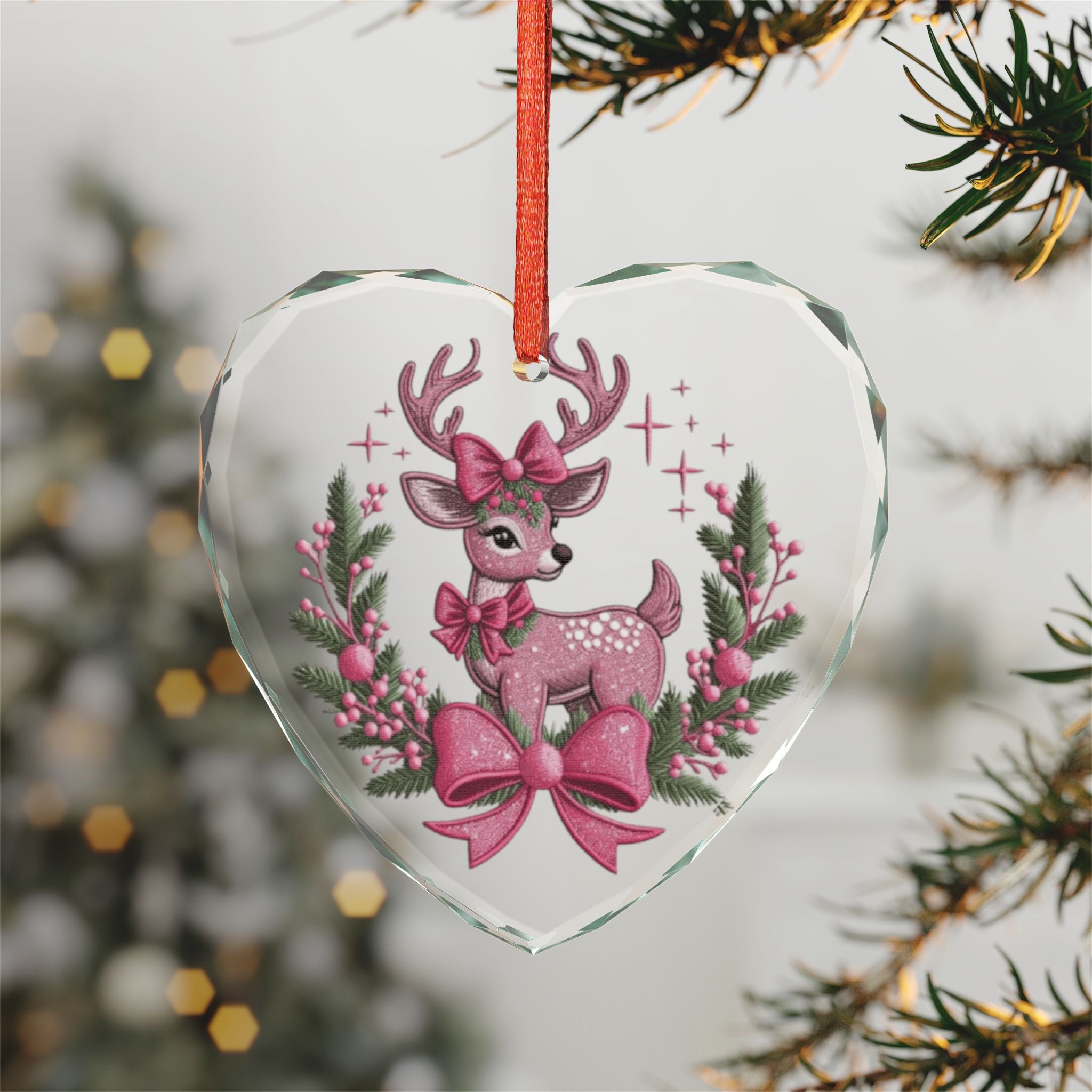 Crystal Heart Ornament — Pink Reindeer with Bows Christmas Decoration