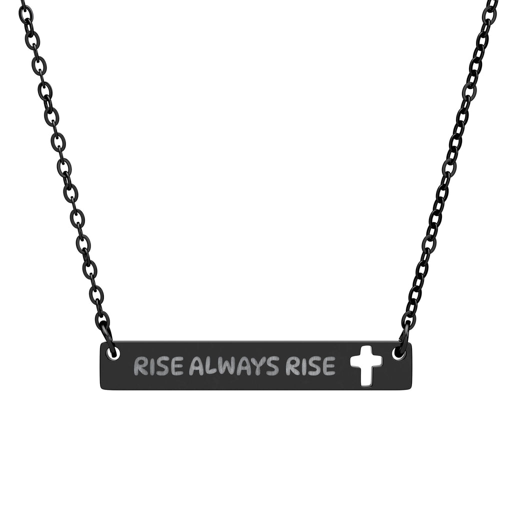 Cutout Cross Bar Necklace — Engraved "RISE ALWAYS RISE" Christian Pendant