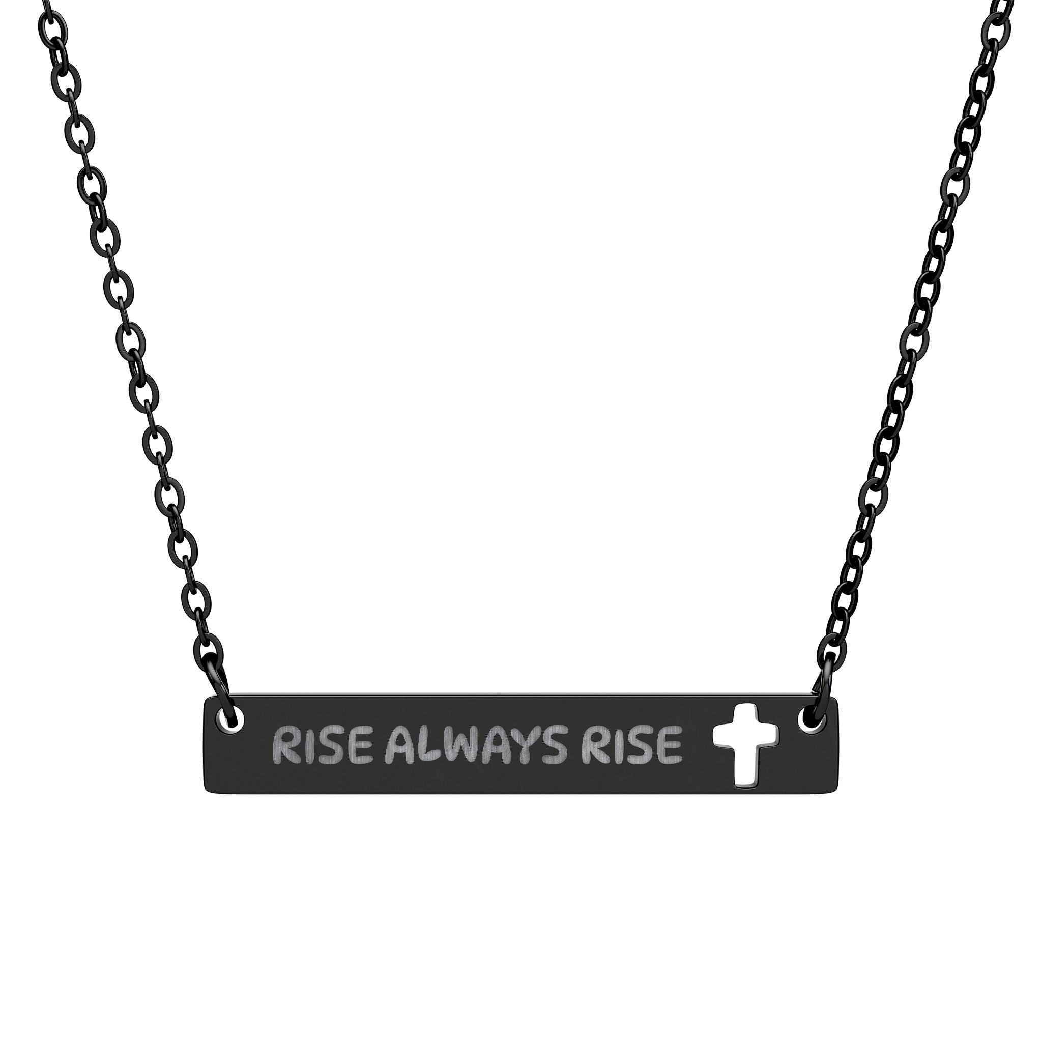 Cutout Cross Bar Necklace — Engraved "RISE ALWAYS RISE" Christian Pendant