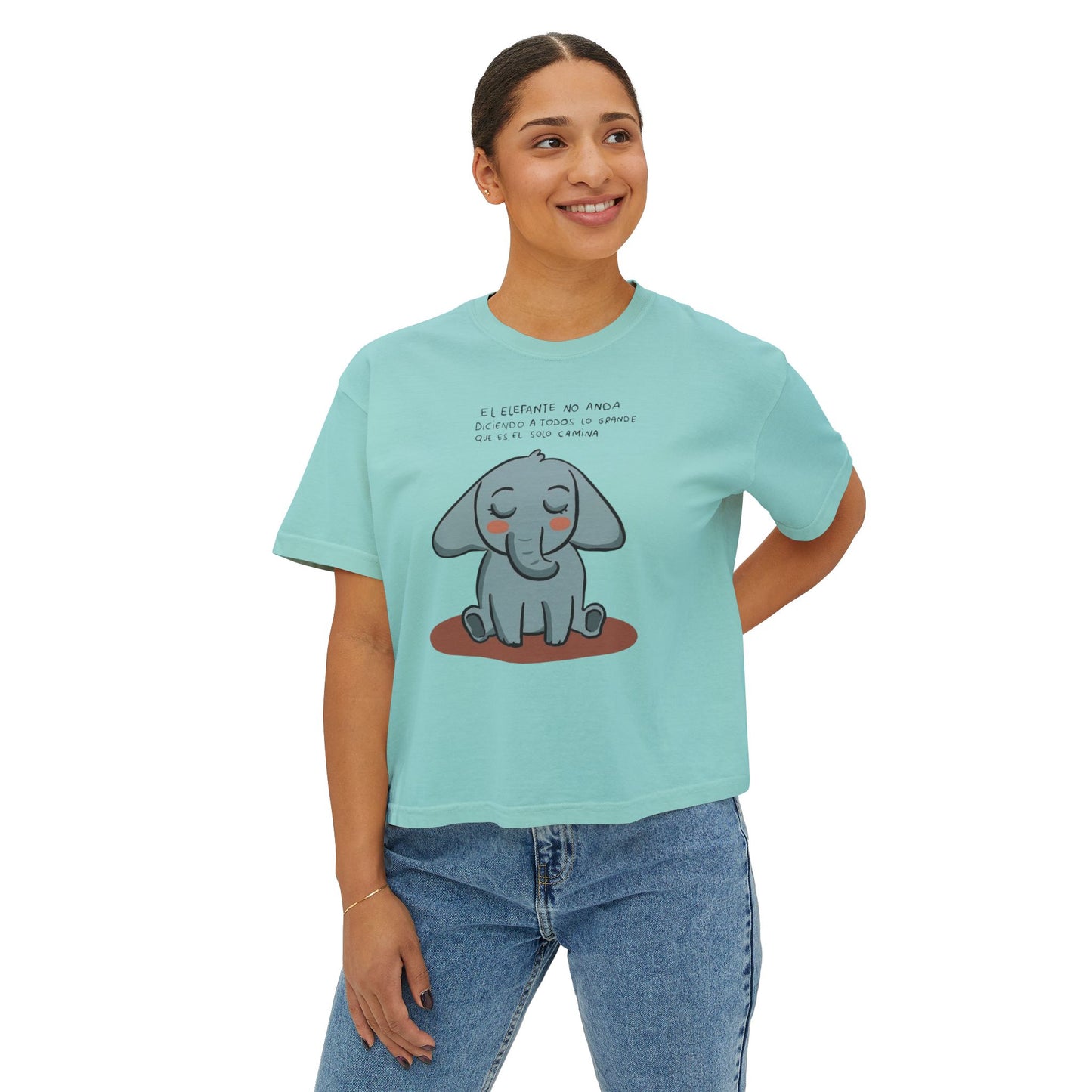 🌸 🧘‍♀️ Viste tu paz – Que tu energía hable primero Cute Elephant Women's Boxy Tee, Relaxed Fit Shirt, Gift for Animal Lovers, Casual Wear,