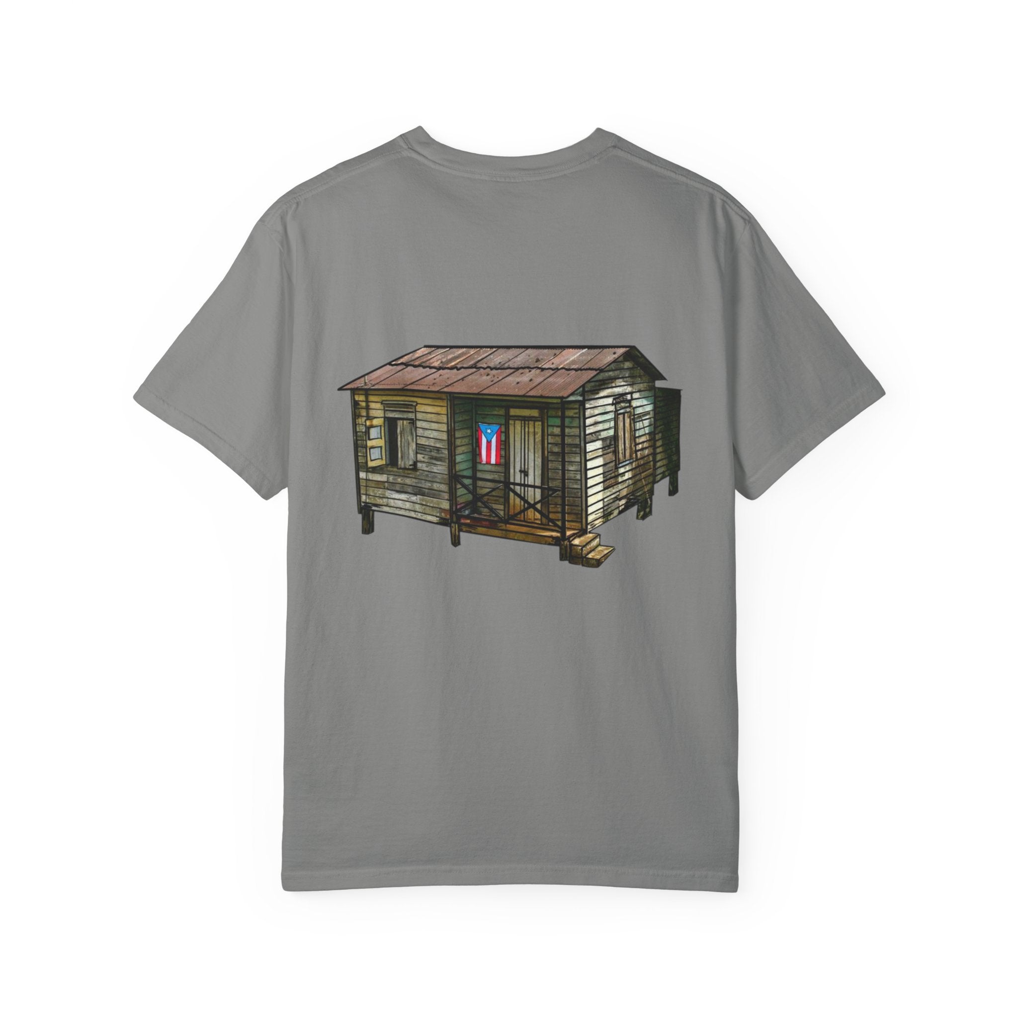 Puerto Rican Batey Cabin T-Shirt  Three Masks & Rustic House Graphic Tee Puerto Rico Navidades