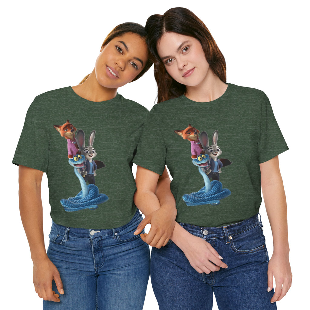 Animated Character Tee — Cute Fox & Bunny Stack Graphic T-Shirt  cartoon-style Christmas artwork