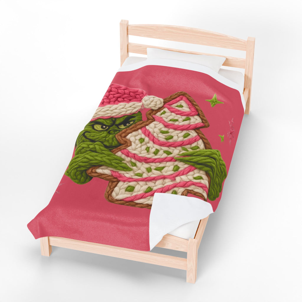Grinch Holiday Plush Blanket – Cozy Velveteen Christmas Throw with Knitted Tree Design