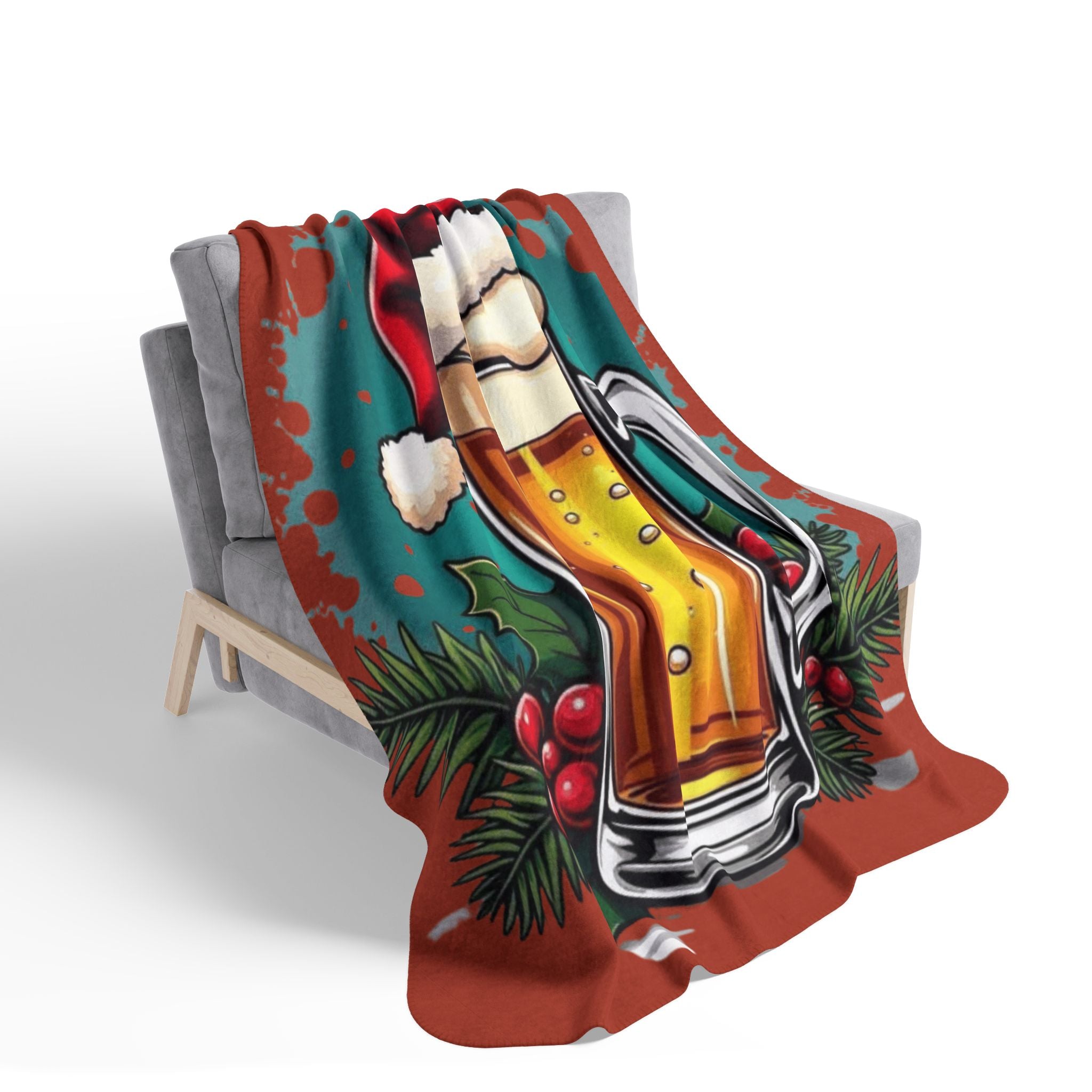 Christmas Beer Sherpa Blanket — Festive Mug with Santa Hat Holiday Throw