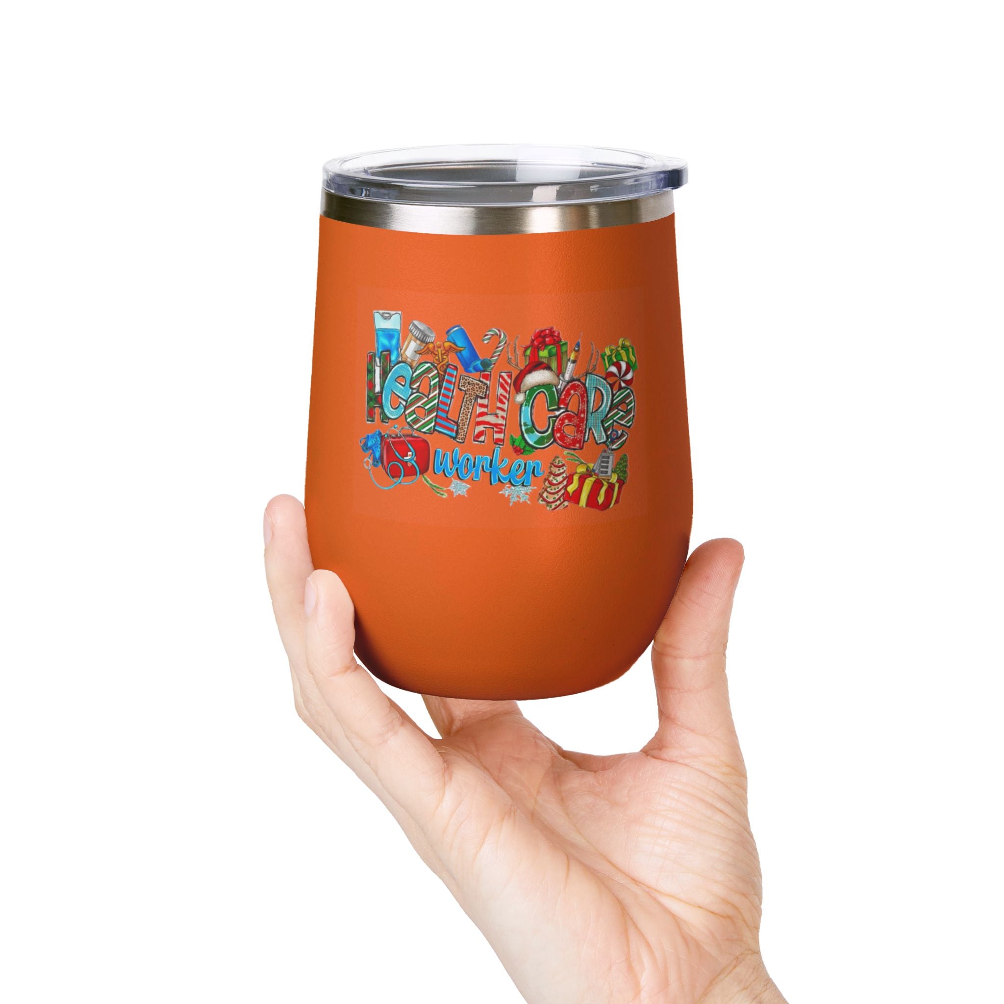 Healthcare Worker 12oz Wine Tumbler — Colorful Holiday Medical Staff Gift Medical Christmas Mug