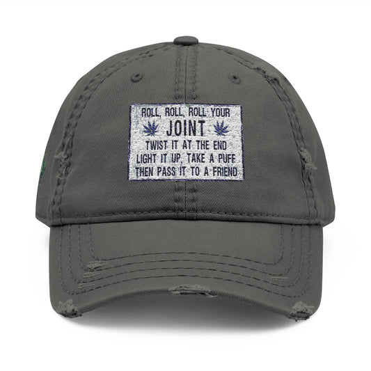 Distressed Hat with Embroidered Joint Design, Casual Cap for Cannabis Lovers, Gift for Stoners, Relaxed Fit Hat