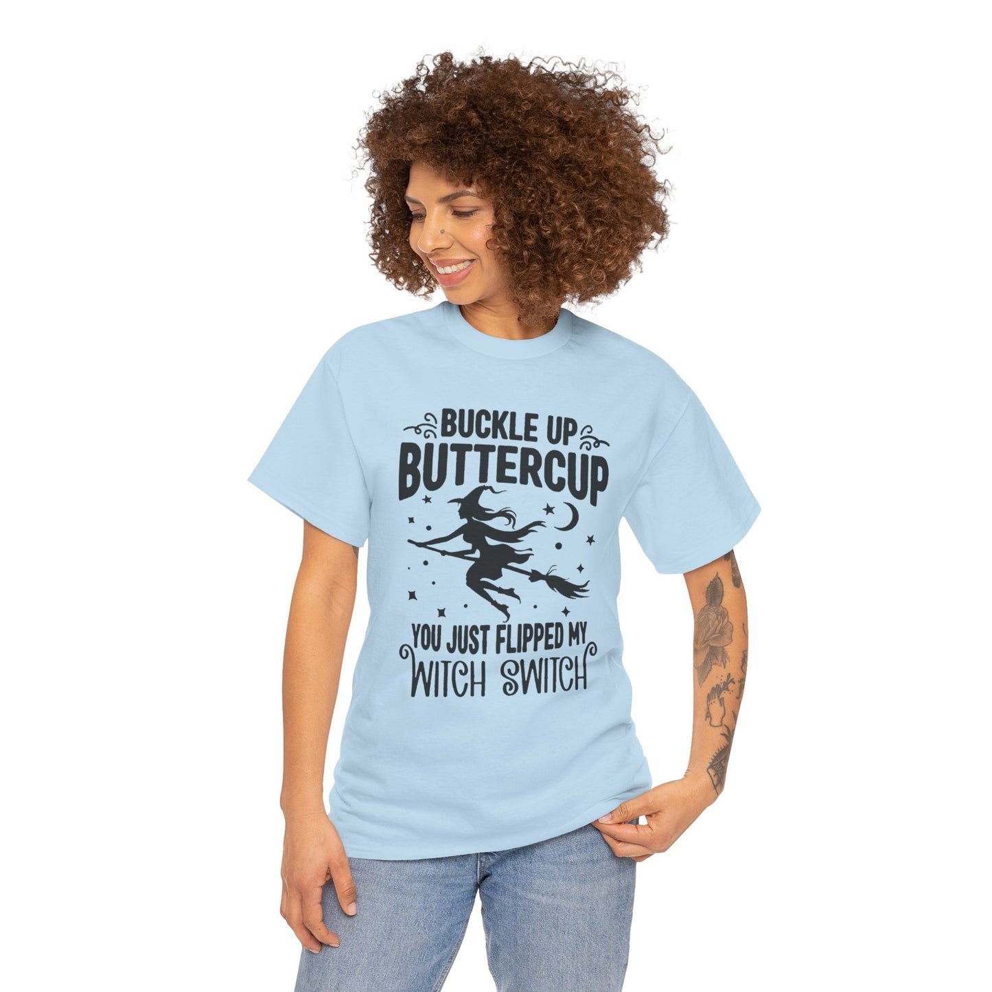 Witchy Humor Tee - Buckle Up Buttercup, Unisex Heavy Cotton Tee, Halloween Shirt, Casual Wear, Gift for Her, Funny T-Shirt