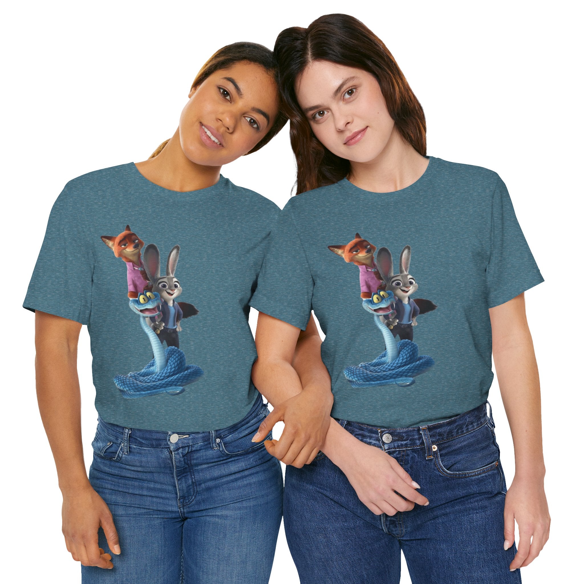 Animated Character Tee — Cute Fox & Bunny Stack Graphic T-Shirt  cartoon-style Christmas artwork