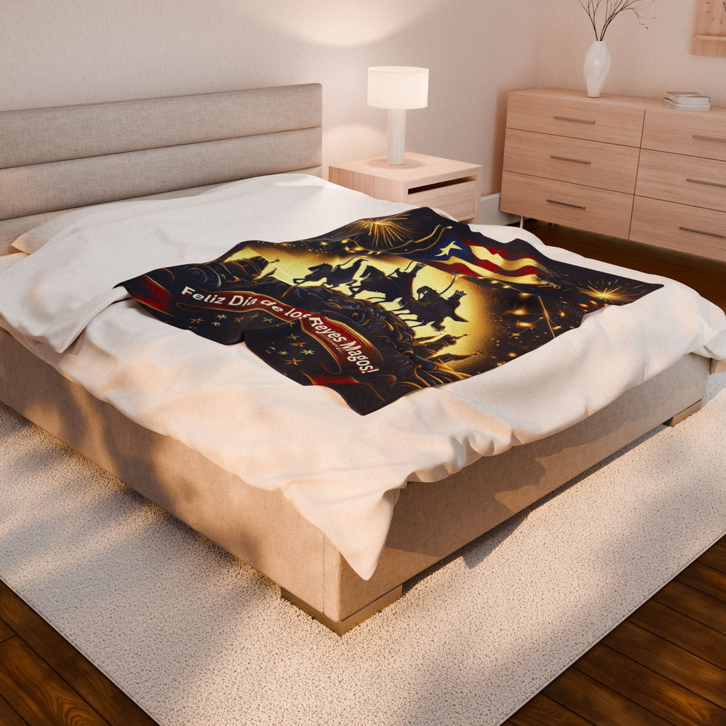 Velveteen Plush Blanket  Feliz Día de los Reyes Magos Puerto Rico Flag Holiday Throw