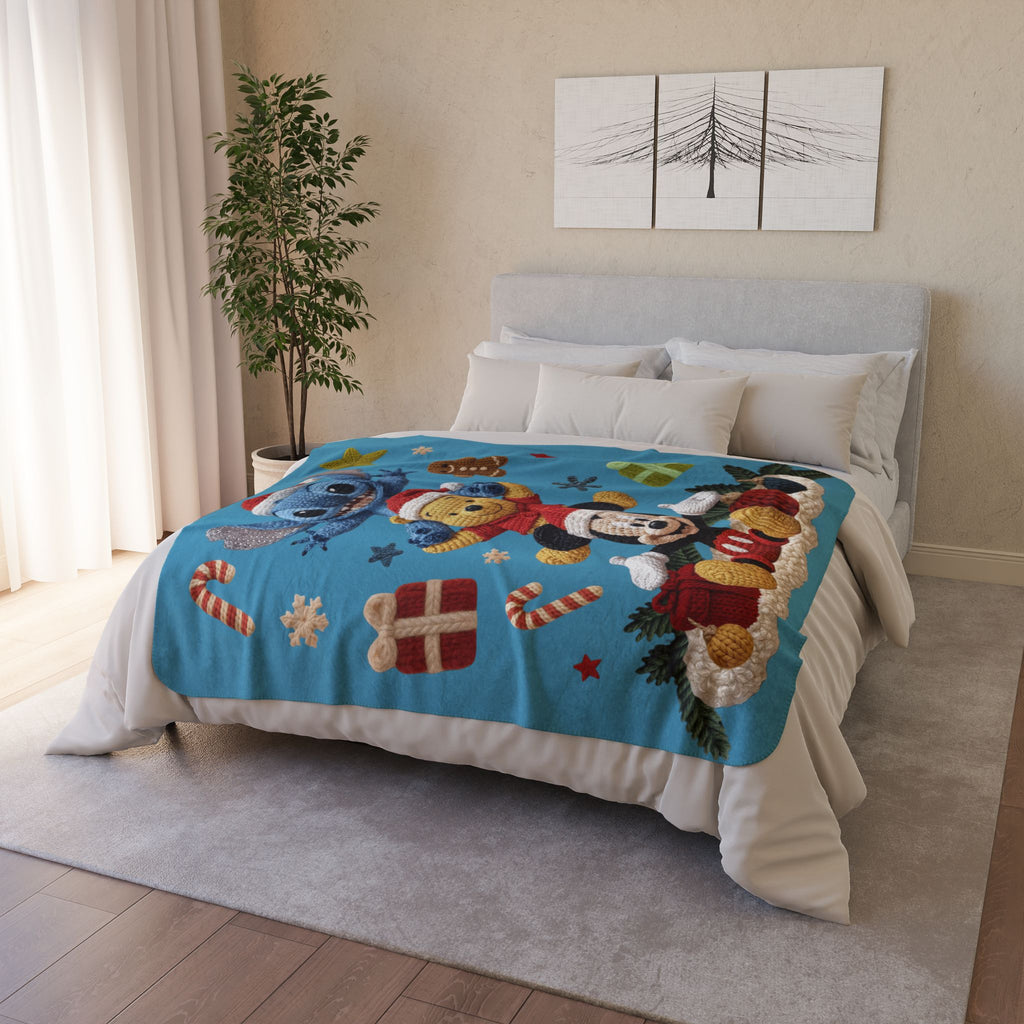 Winter Wonderland Cartoon Fleece Blanket Disney Holiday Plush Stack Fleece Sherpa Blanket  Mickey, Winnie & Stitch Christmas Throw
