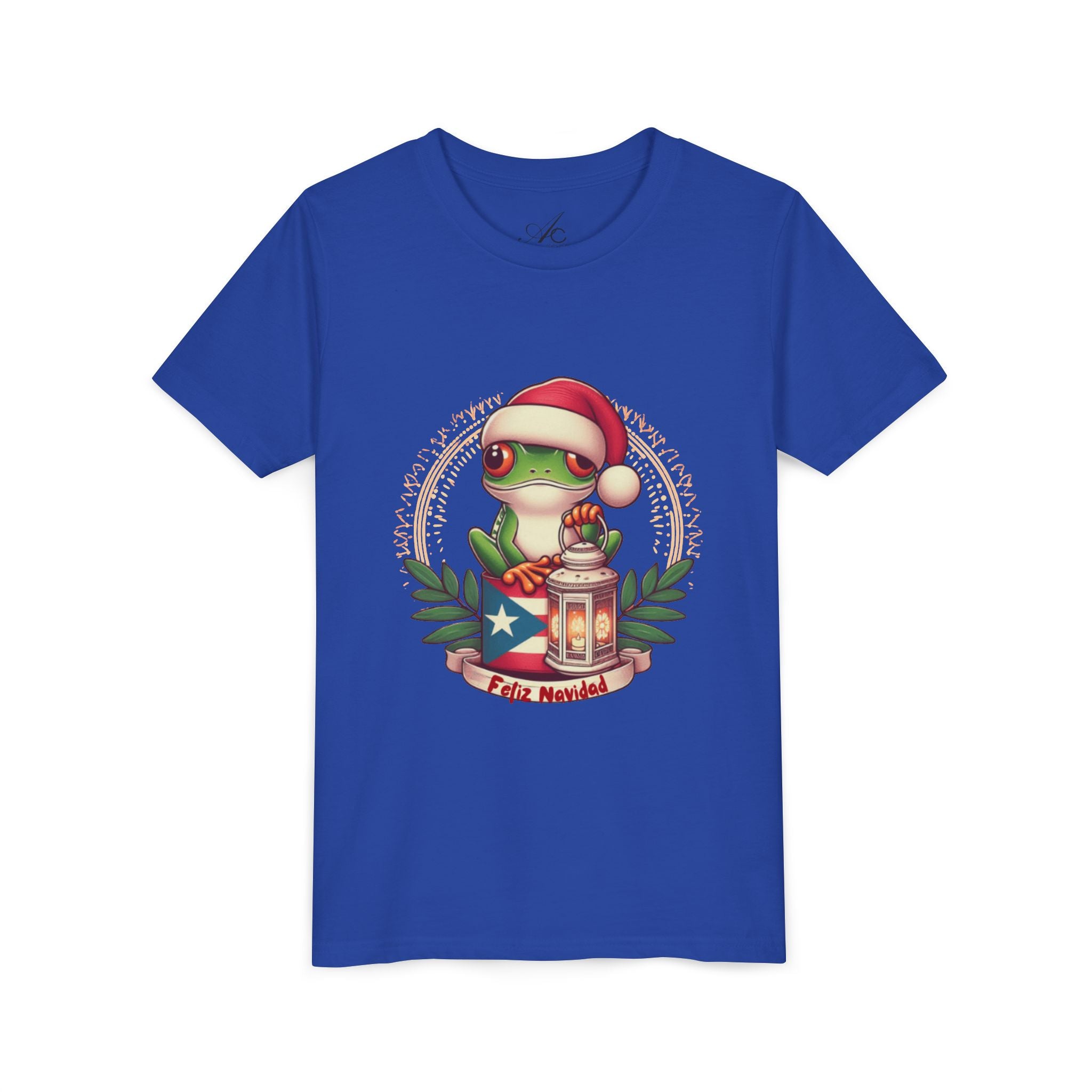 Kids Tee Cute Frog with Puerto Rican Flag & Lantern (Feliz Navidad)