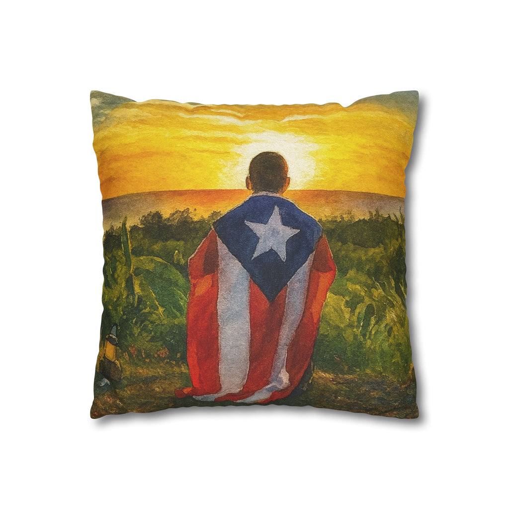 Puerto Rican Flag Sunset Pillowcase  Boy Draped in Puerto Rico Flag Decorative Throw Pillow Puerto Rico Culture Pillow