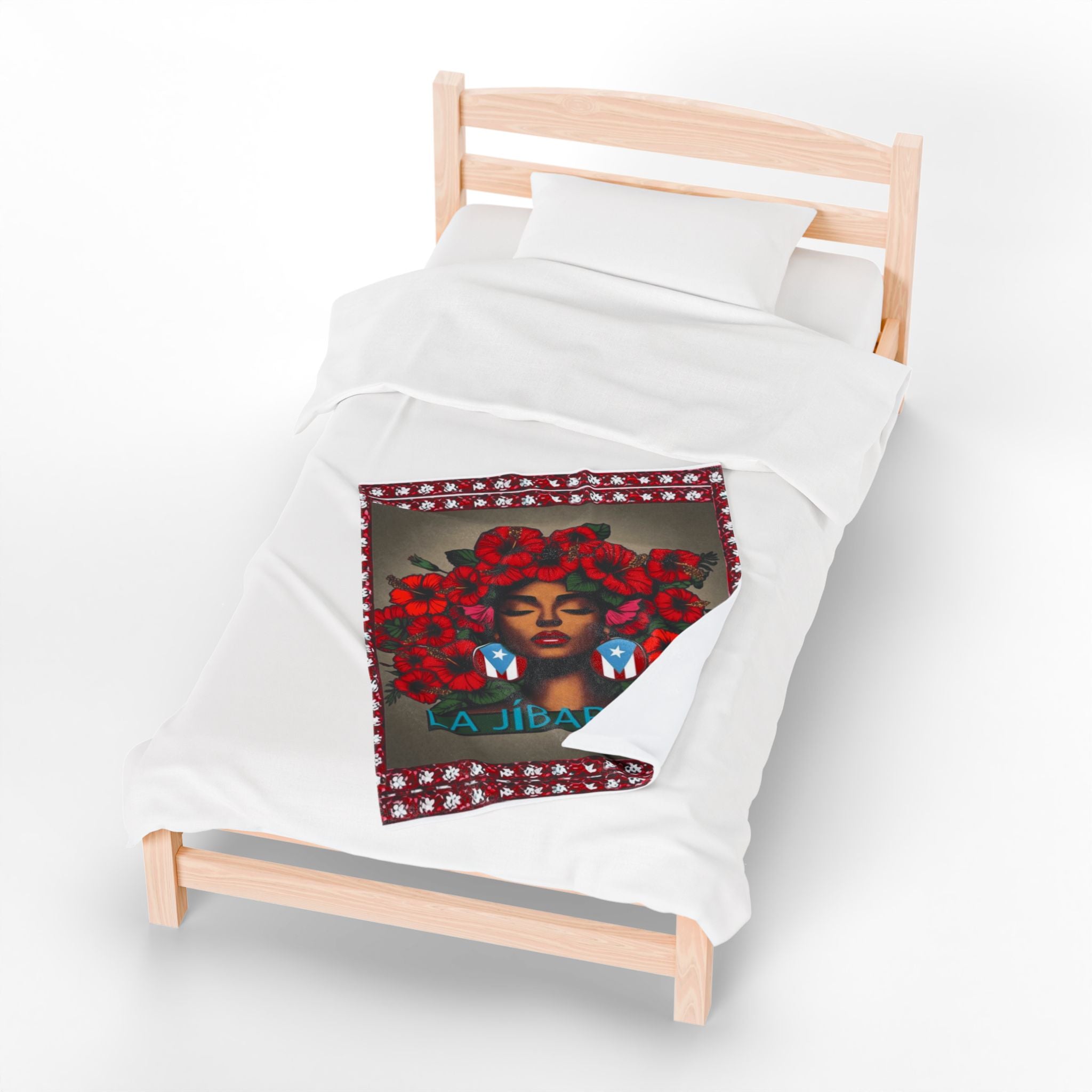 La Jíbaraza Velveteen Plush Blanket  Puerto Rican Floral Afro-Latina Portrait Throw