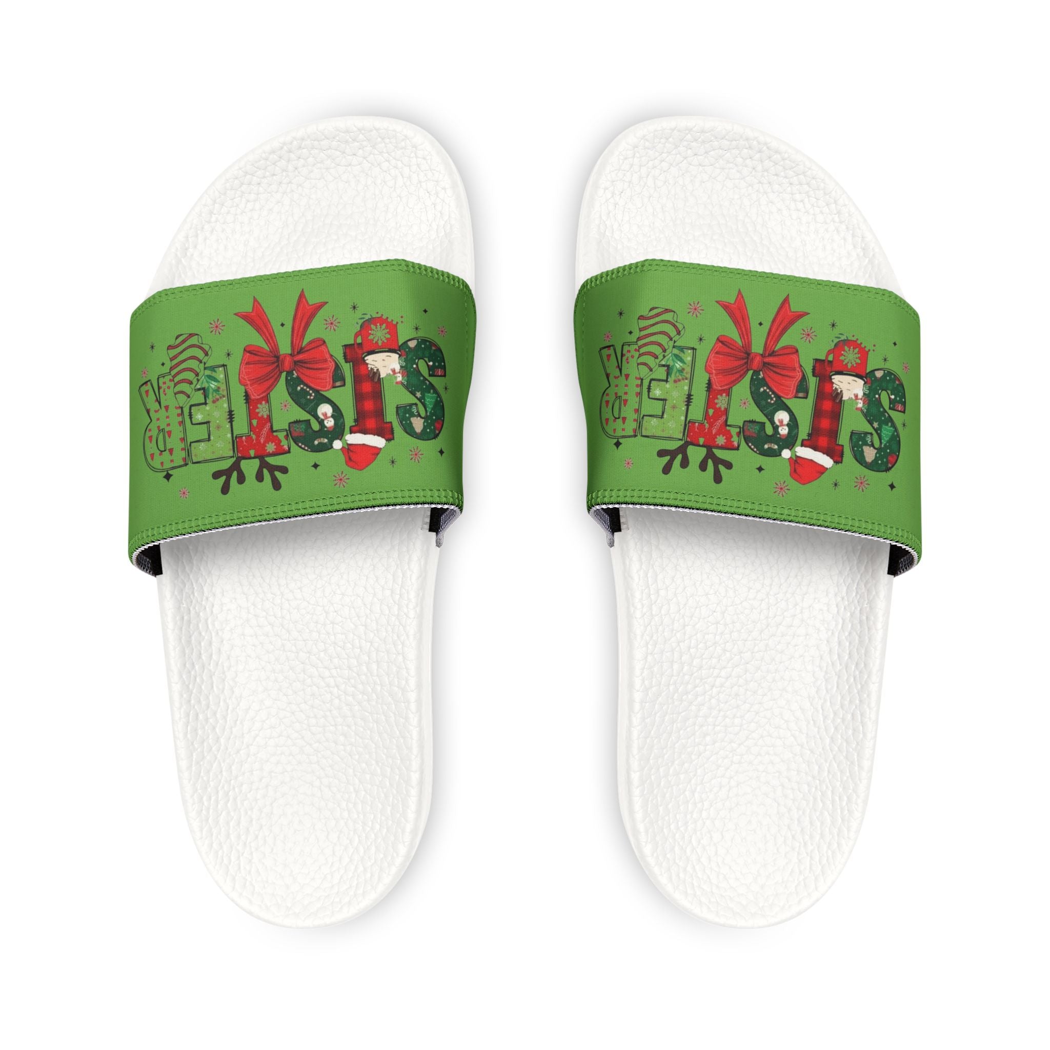 Sister Women's Holiday Slide Sandals — Green 'Joy' Gift Bow Design