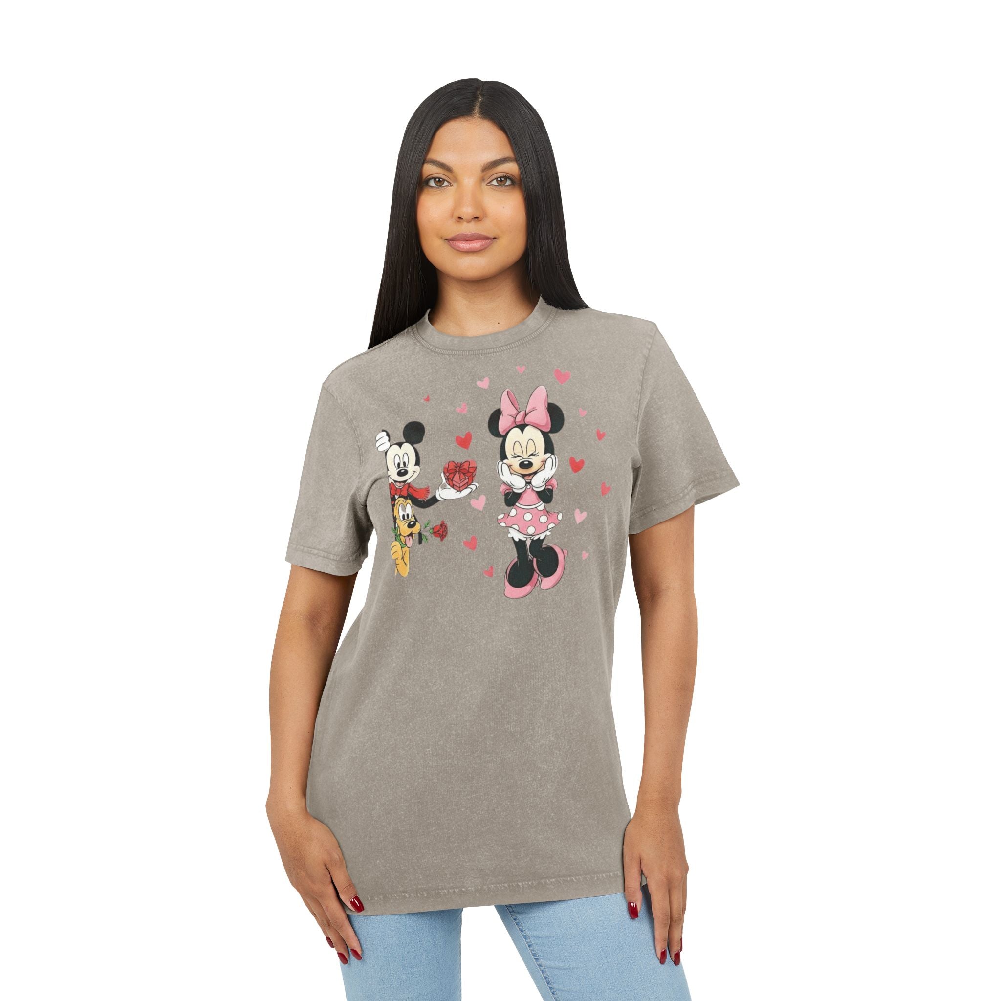 Vintage Acid-Wash Tee — Cute Cartoon Couple with Hearts