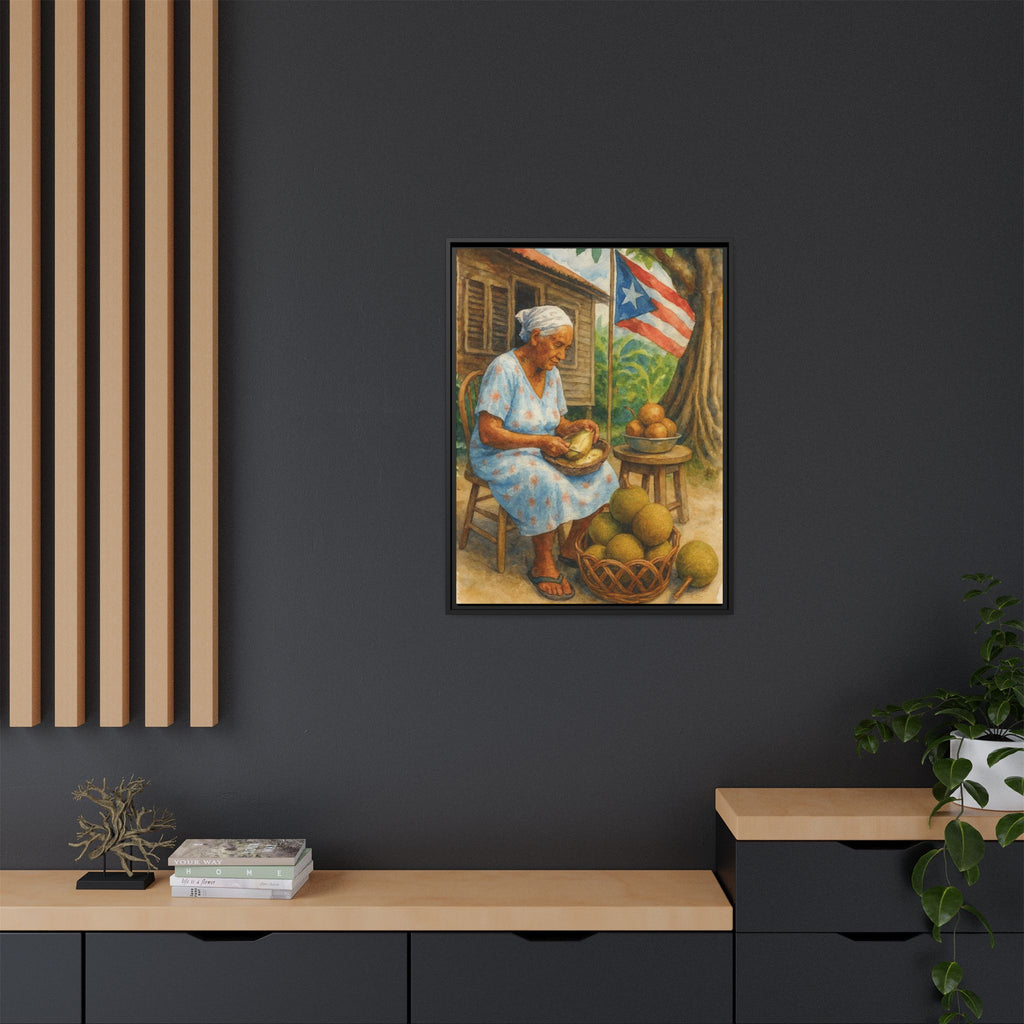 Cultural & Story-Driven These Puerto Rico inspired  Framed Matte Canvas Print  Woman Shelling Fruit Vintage Tropical Painting