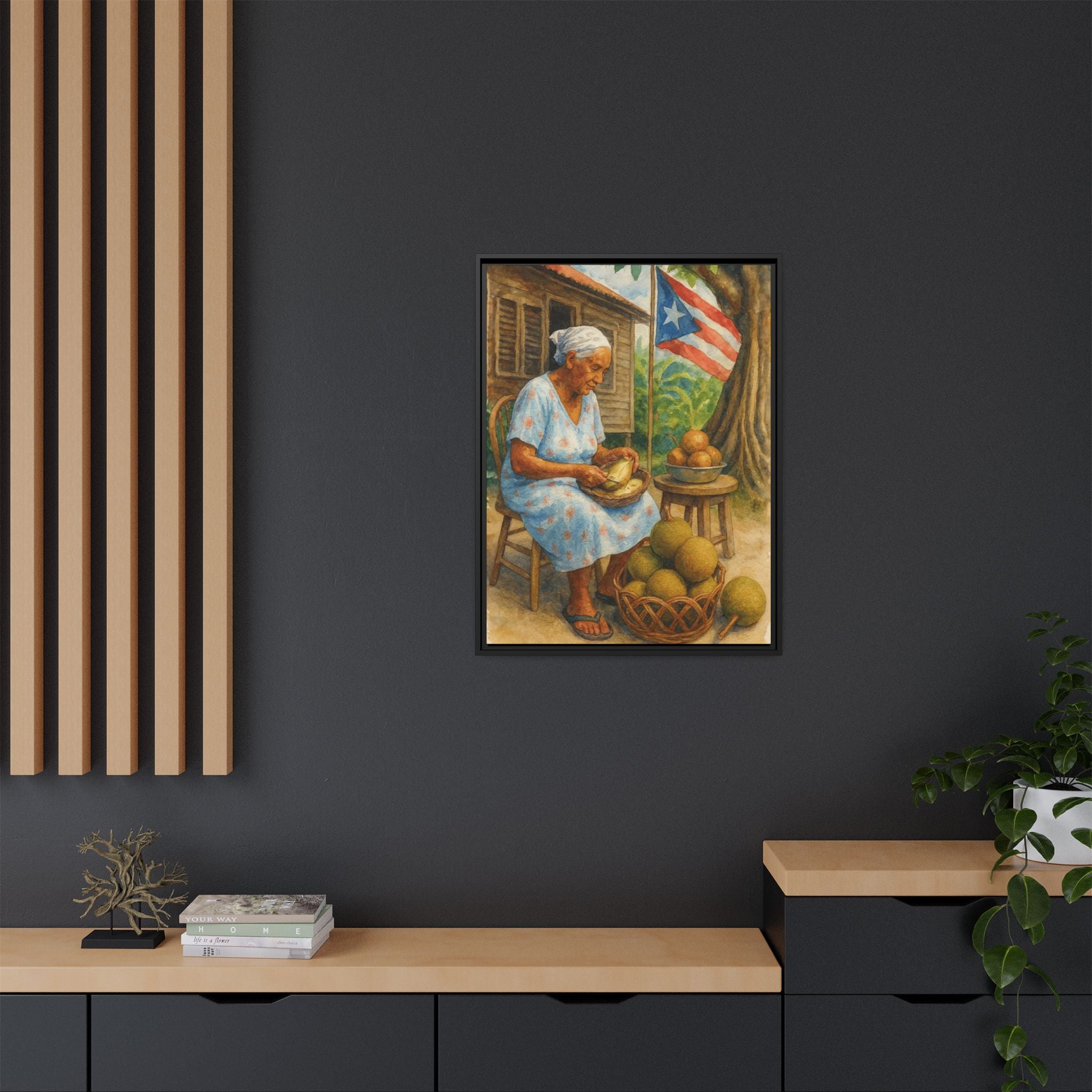 Cultural & Story-Driven These Puerto Rico inspired  Framed Matte Canvas Print  Woman Shelling Fruit Vintage Tropical Painting