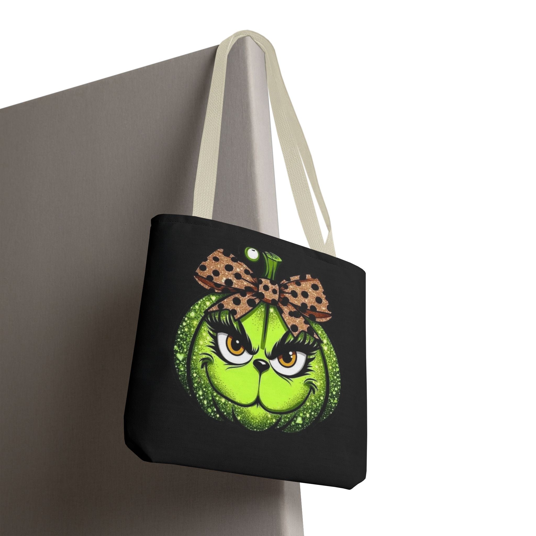 Grinch-Inspired Tote Bag with Polka Dot Bow Christmas Tote Bag Festive Holiday Design