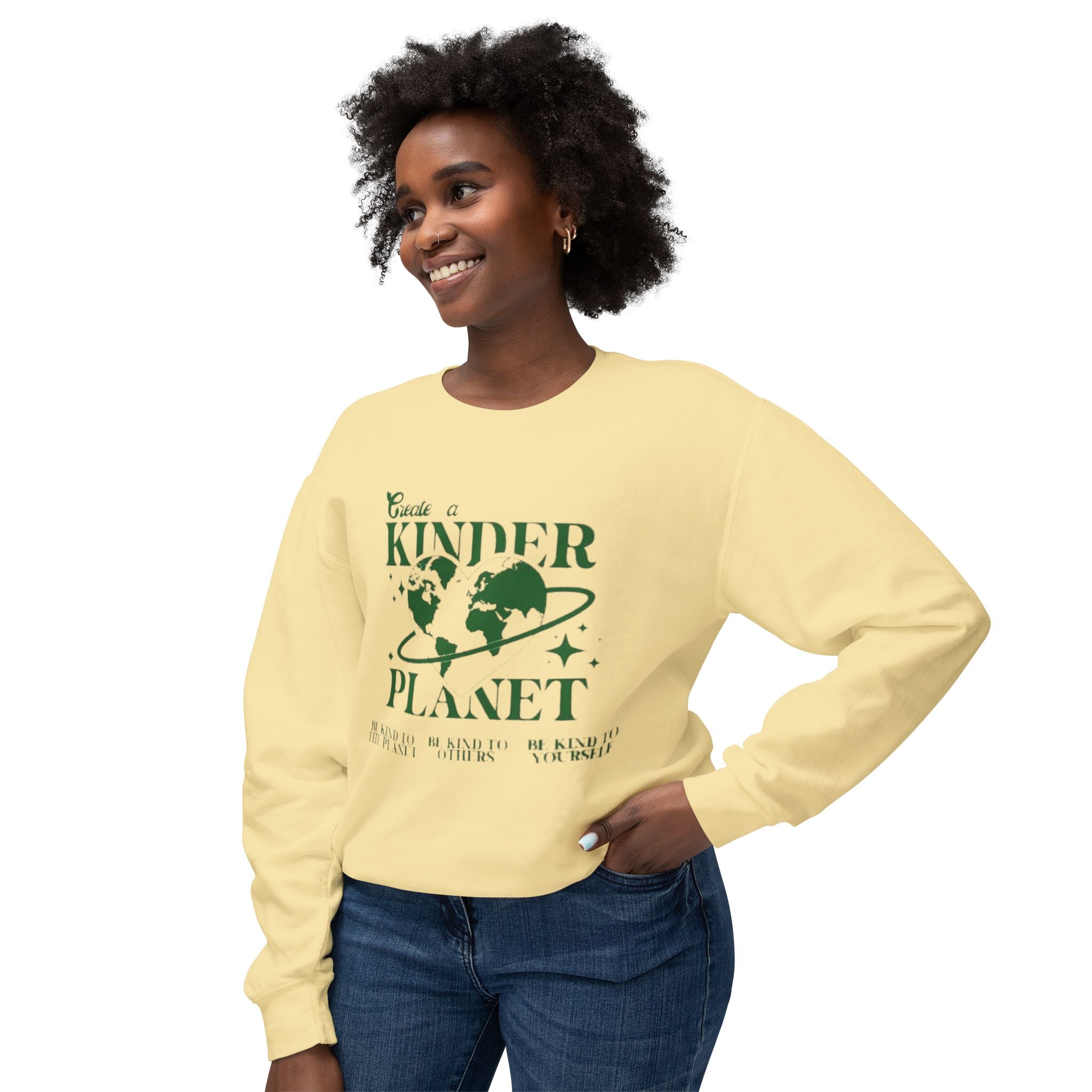 Kinder Planet Crewneck Sweatshirt Eco-Friendly Earth Day Graphic Pullover