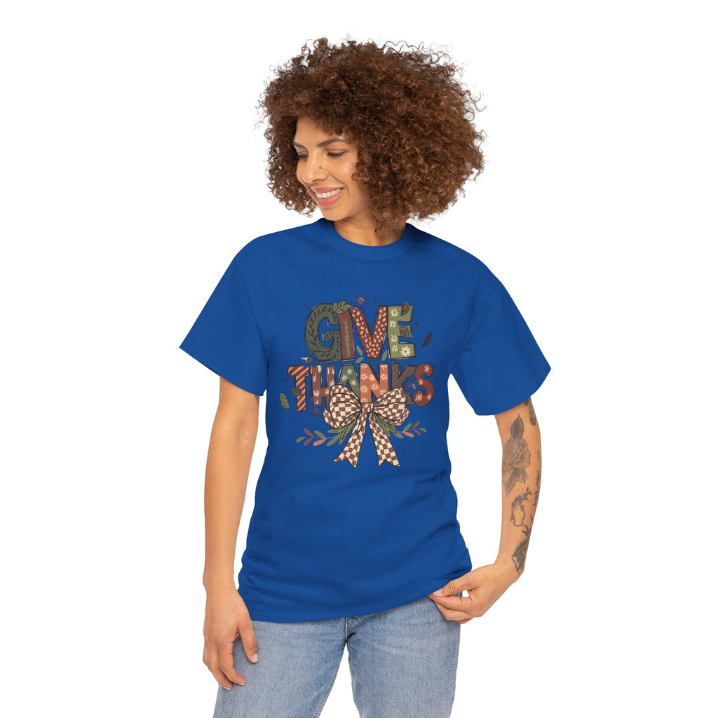 Give Thanks Tee Thanksgiving Graphic T-Shirt with Rustic Bow Design