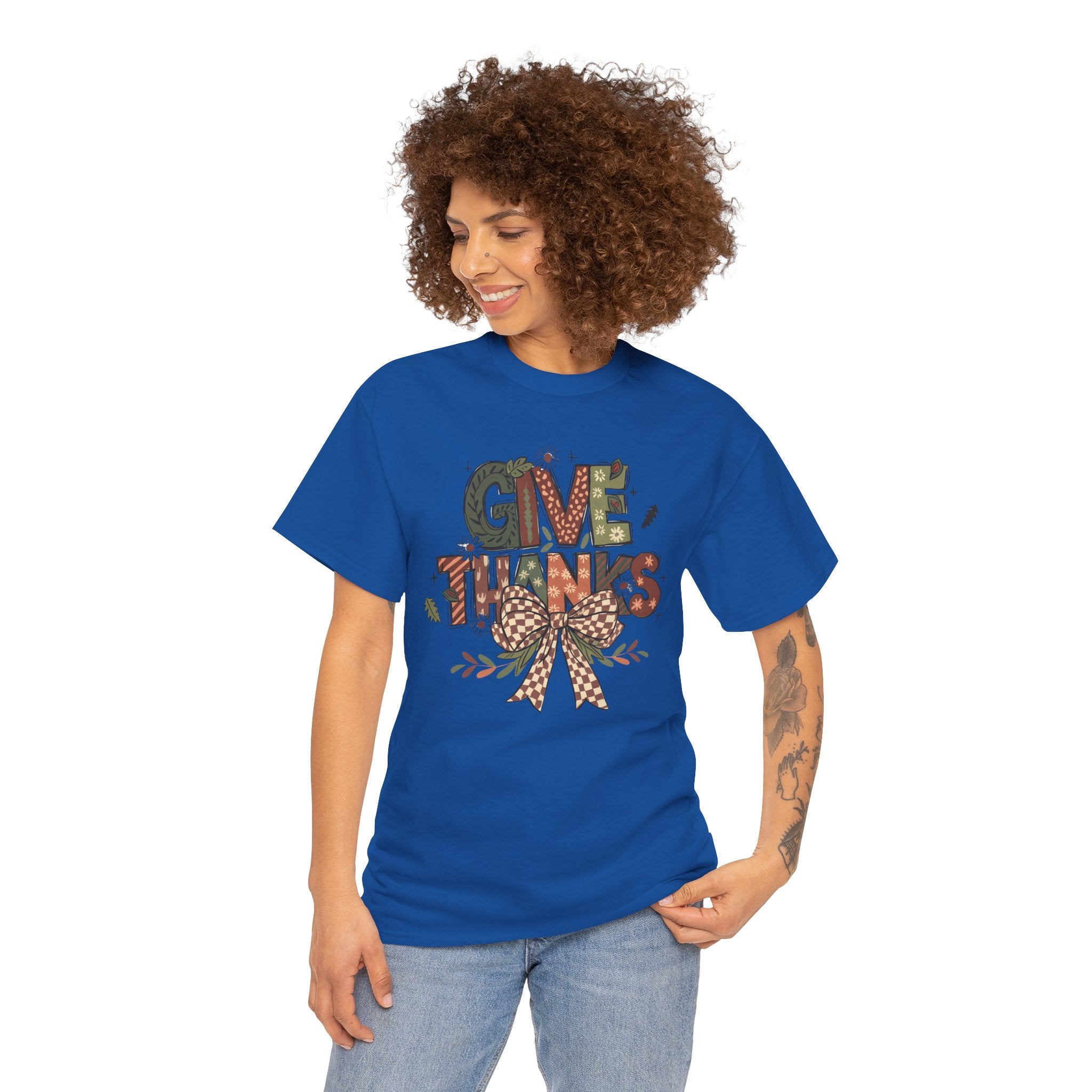 Give Thanks Tee Thanksgiving Graphic T-Shirt with Rustic Bow Design