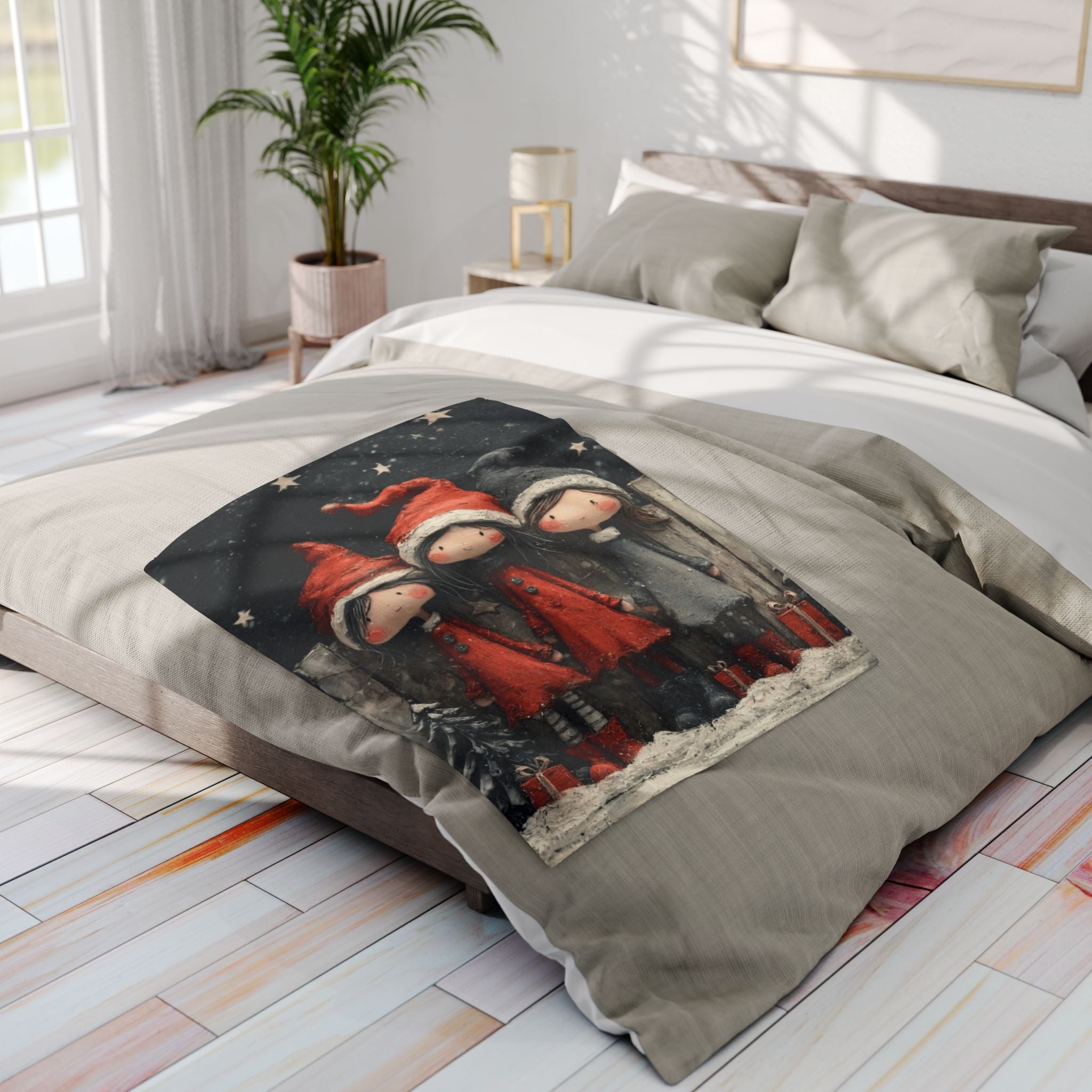 Holiday Girls Fleece Blanket — Cute Christmas Elf Trio Winter Throw
