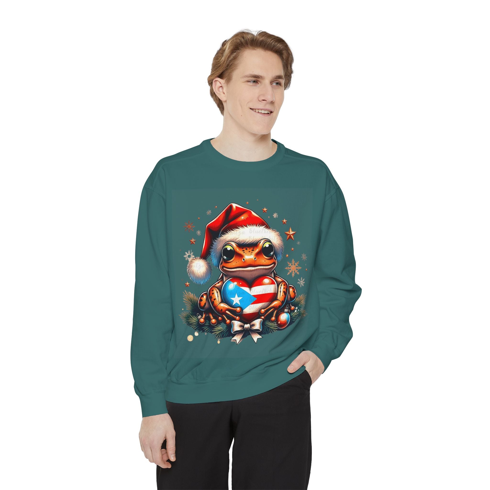 Christmas Coqui Sweatshirt — Cute Santa Frog Holding Ornament Holiday Sweater
