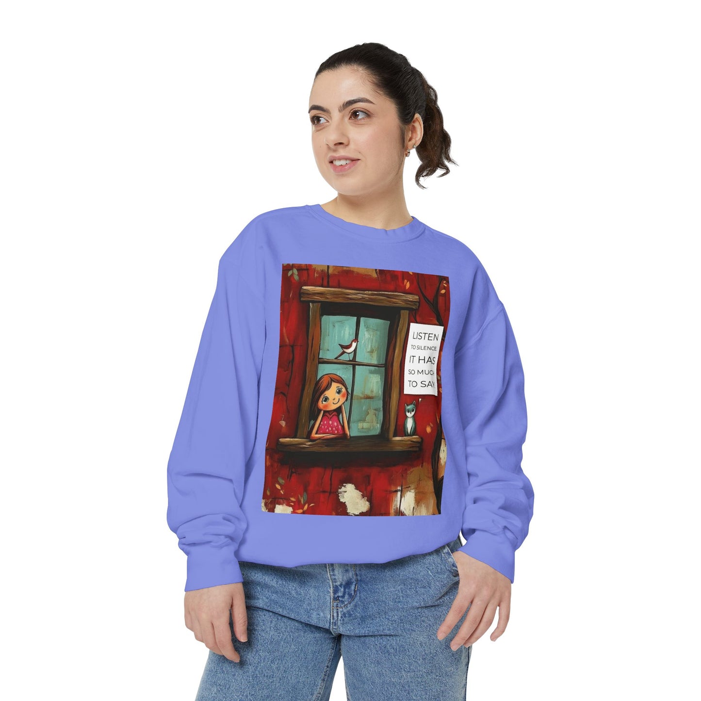Cozy Window Scene Sweatshirt  "Listen, It Has So Much to Say" Graphic