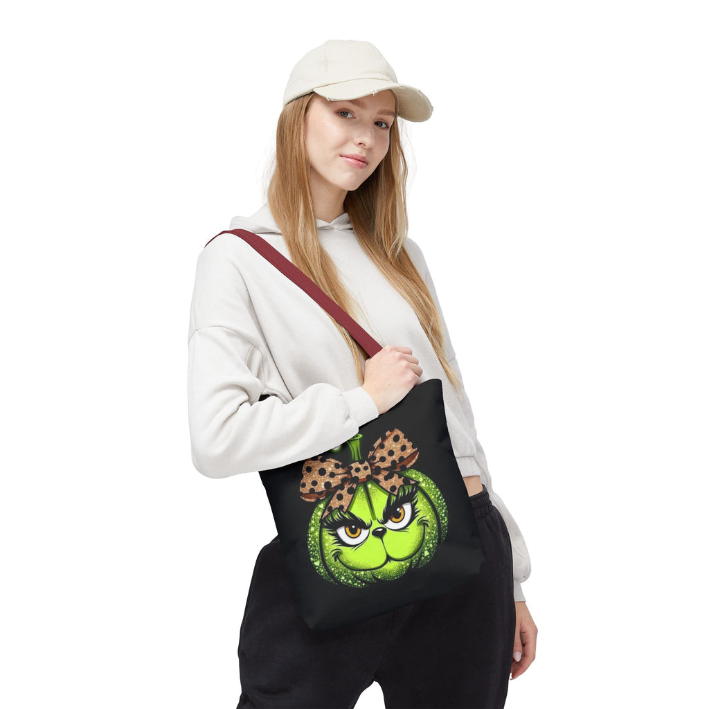 Grinch-Inspired Tote Bag with Polka Dot Bow Christmas Tote Bag Festive Holiday Design