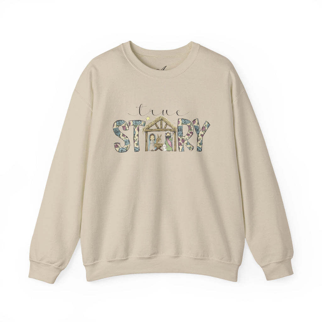 Crewneck Sweatshirt "Come Story" Floral Nativity Design  Cozy Christmas Pullover unique festive designs and joyful