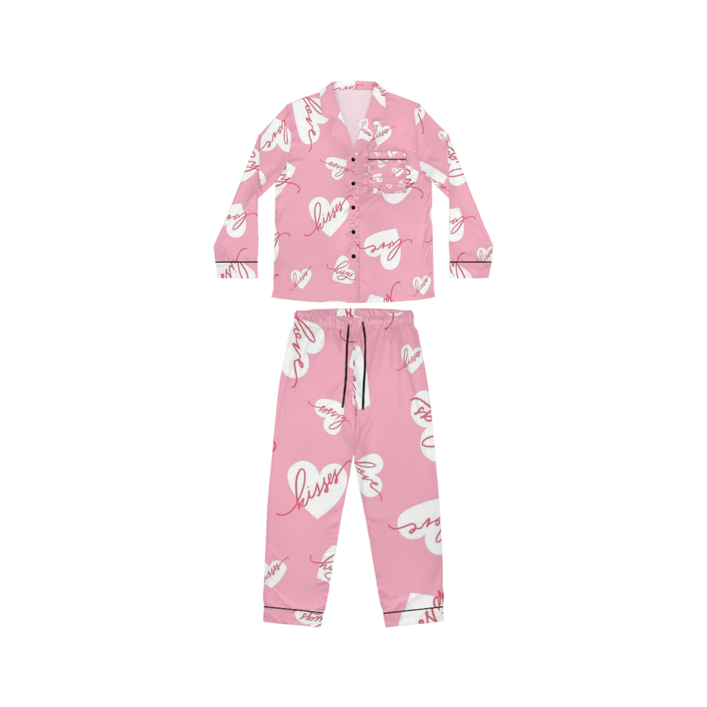 Pink Satin Pajama Set — Heart & 'Love' All-Over Print