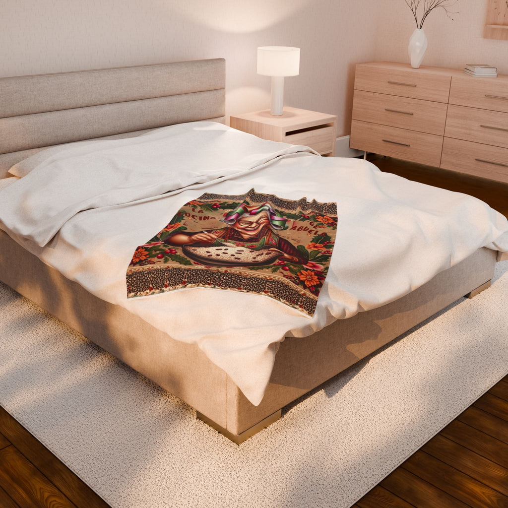 Grandma’s Cocina Velveteen Plush Blanket —Abuela Cooking Illustration Throw